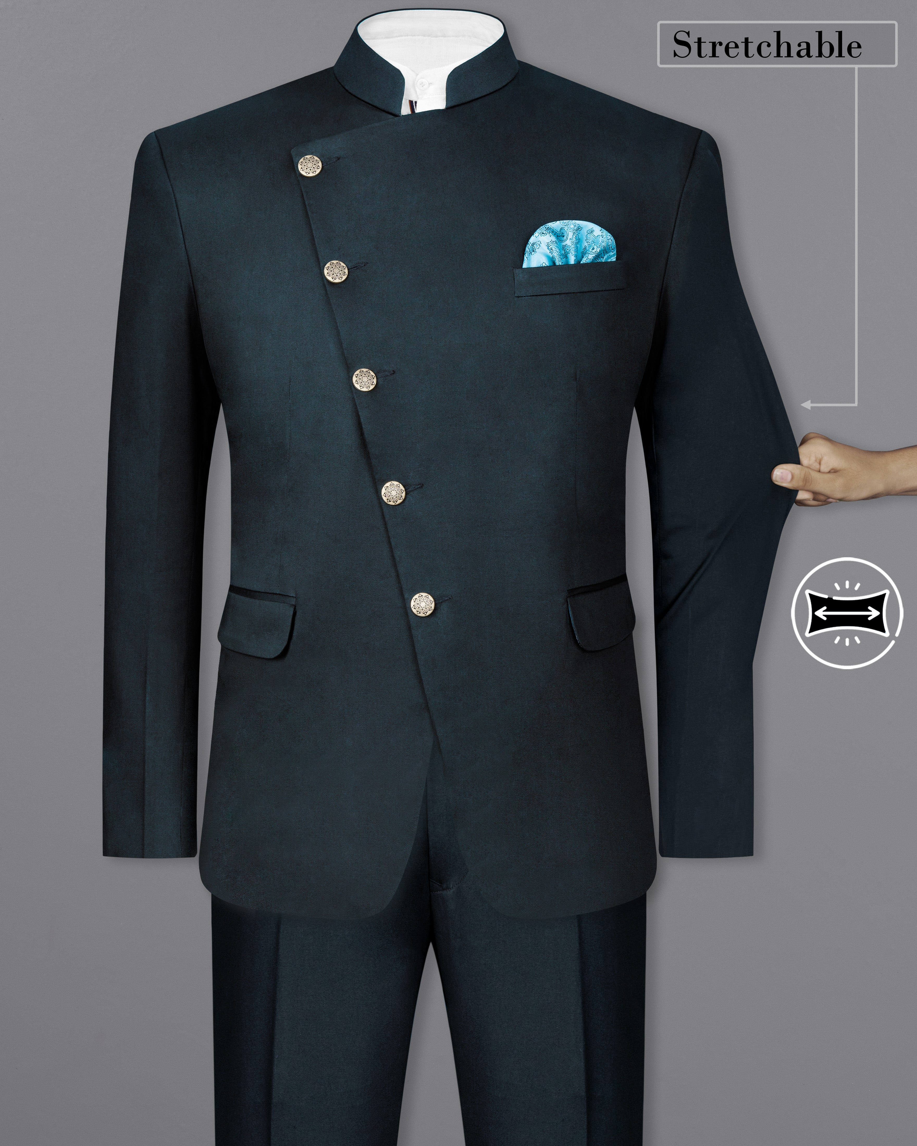 Timber Sea Blue Cross Placket Stretchable Premium Cotton Bandhgala Traveler Suit ST2640-CBG-36, ST2640-CBG-38, ST2640-CBG-40, ST2640-CBG-42, ST2640-CBG-44, ST2640-CBG-46, ST2640-CBG-48, ST2640-CBG-50, ST2640-CBG-52, ST2640-CBG-54, ST2640-CBG-56, ST2640-CBG-58, ST2640-CBG-60