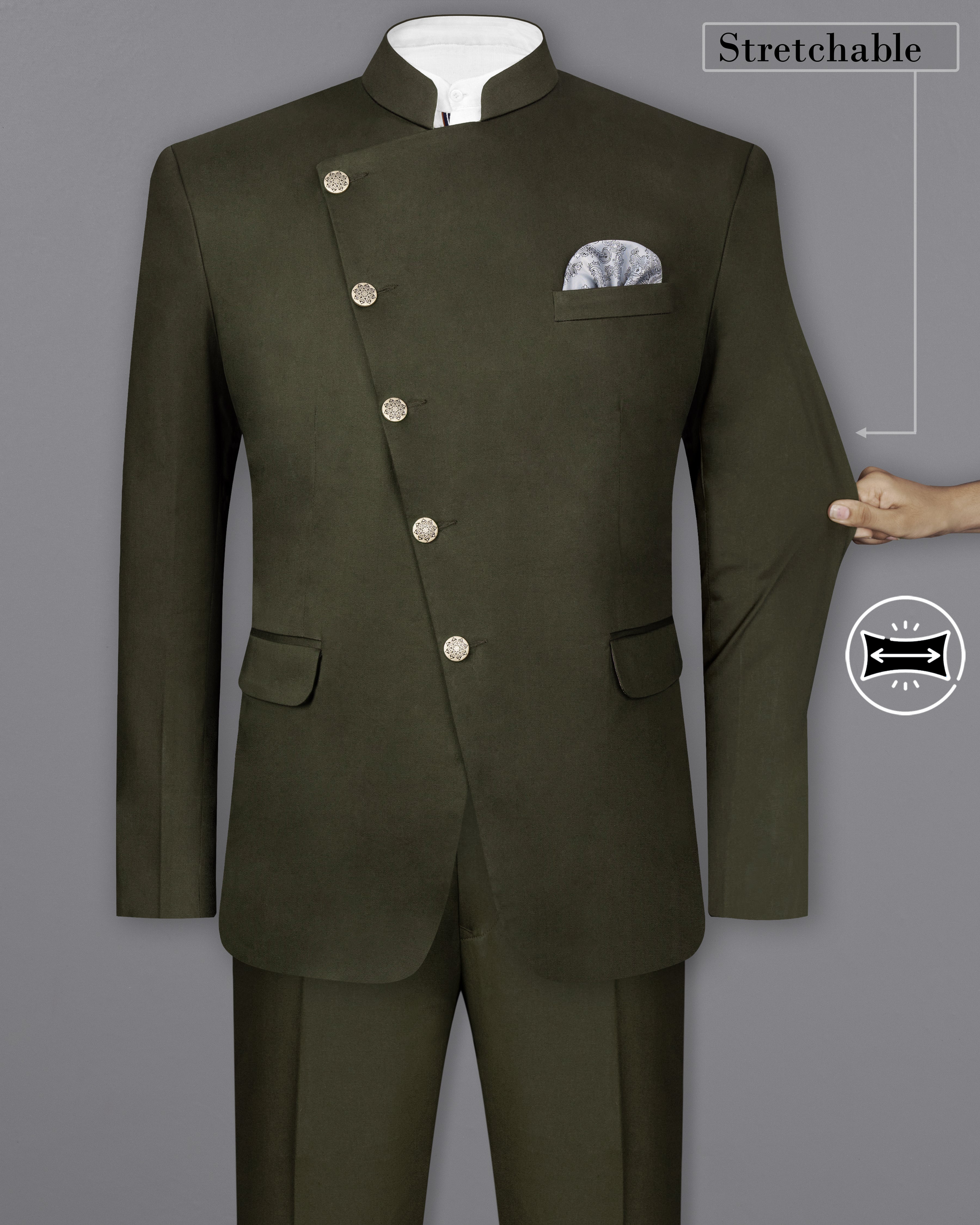 Taupe Green Cross Placket Stretchable Premium Cotton Bandhgala Traveler Suit ST2645-CBG-36, ST2645-CBG-38, ST2645-CBG-40, ST2645-CBG-42, ST2645-CBG-44, ST2645-CBG-46, ST2645-CBG-48, ST2645-CBG-50, ST2645-CBG-52, ST2645-CBG-54, ST2645-CBG-56, ST2645-CBG-58, ST2645-CBG-60