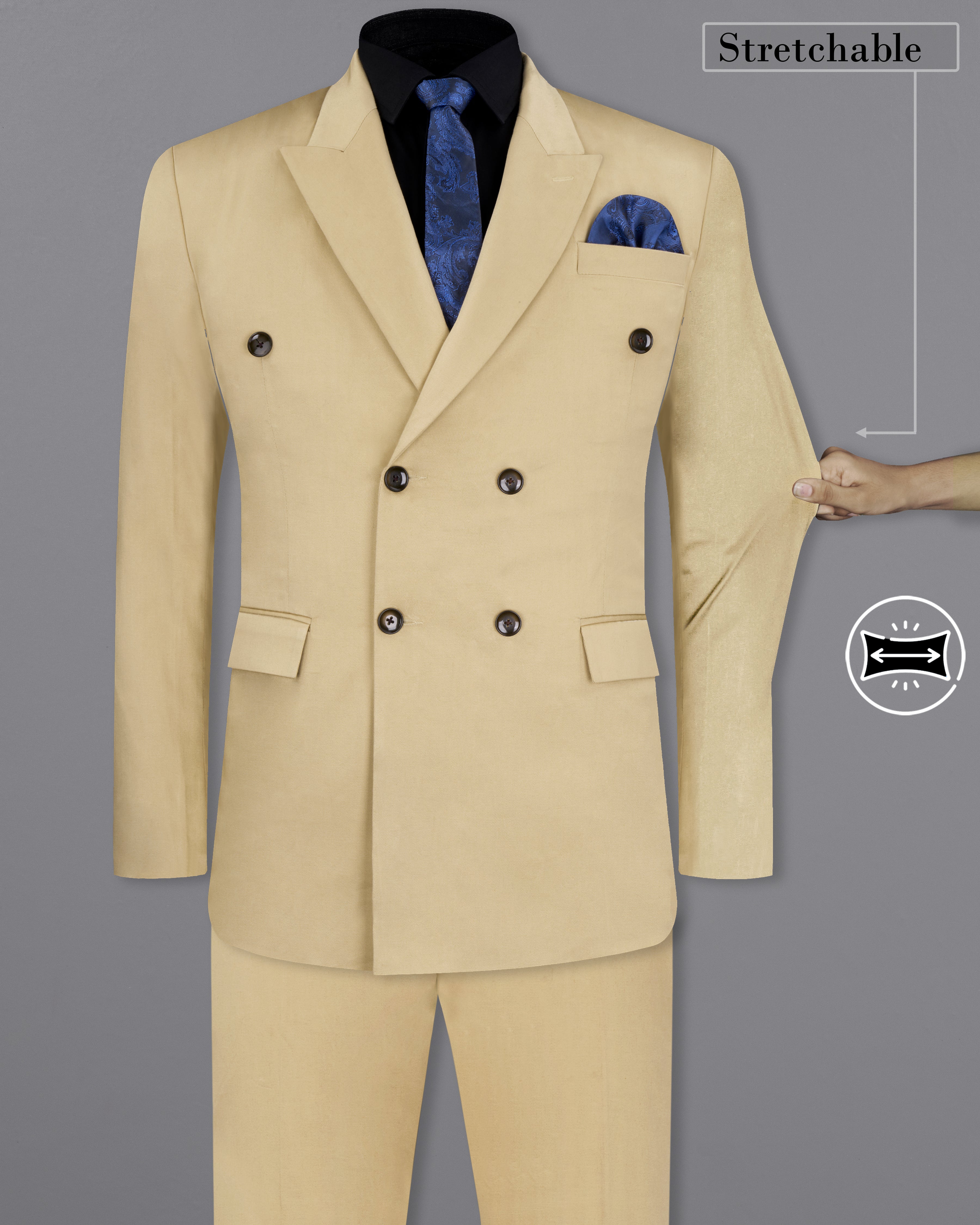 Pavlova Cream Solid Stretchable Premium Cotton Double Breasted Traveler Suit ST2648-DB-36, ST2648-DB-38, ST2648-DB-40, ST2648-DB-42, ST2648-DB-44, ST2648-DB-46, ST2648-DB-48, ST2648-DB-50, ST2648-DB-52, ST2648-DB-54, ST2648-DB-56, ST2648-DB-58, ST2648-DB-60