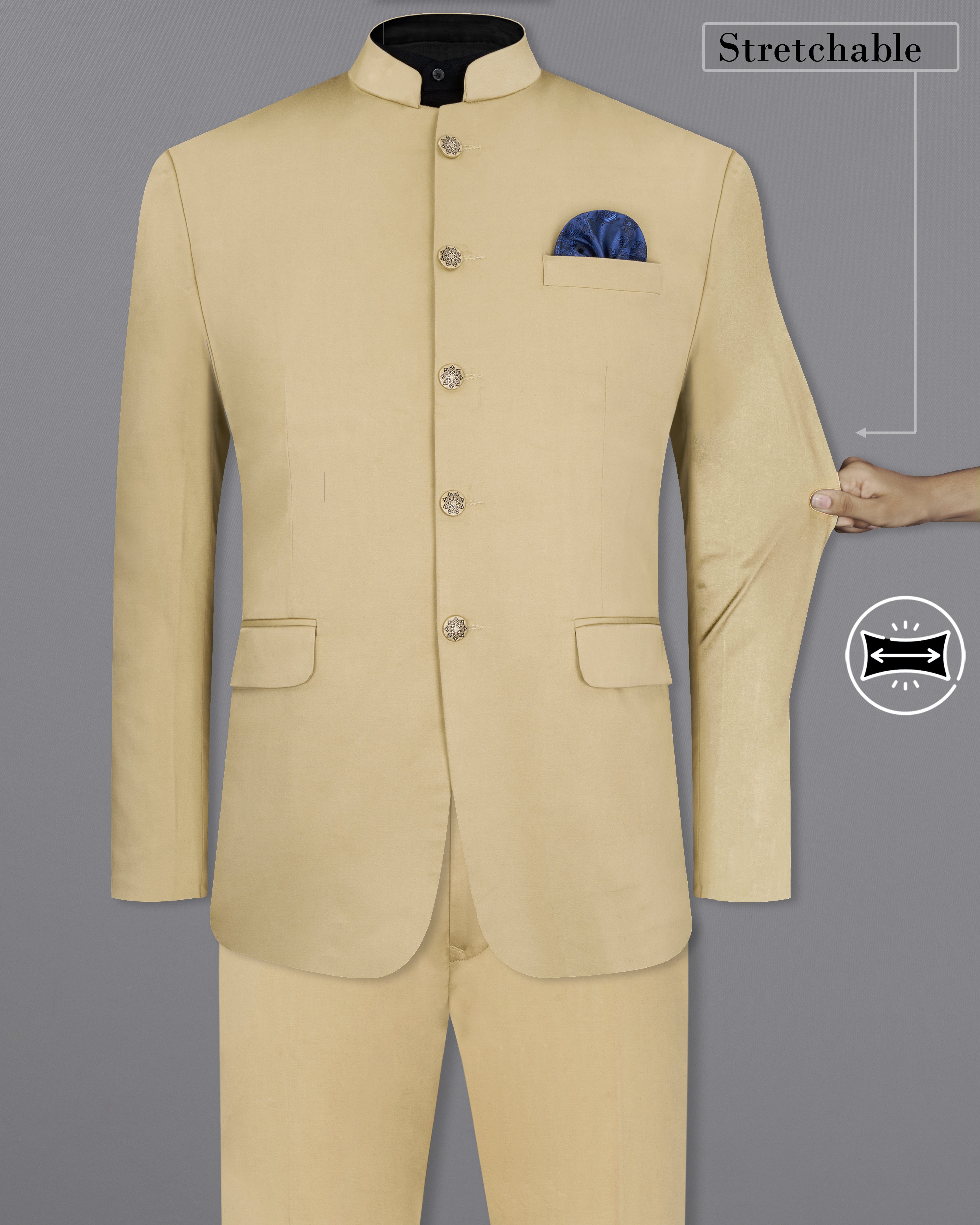 Pavlova Cream Solid Stretchable Premium Cotton Bandhgala Traveler Suit ST2649-BG-36, ST2649-BG-38, ST2649-BG-40, ST2649-BG-42, ST2649-BG-44, ST2649-BG-46, ST2649-BG-48, ST2649-BG-50, ST2649-BG-52, ST2649-BG-54, ST2649-BG-56, ST2649-BG-58, ST2649-BG-60