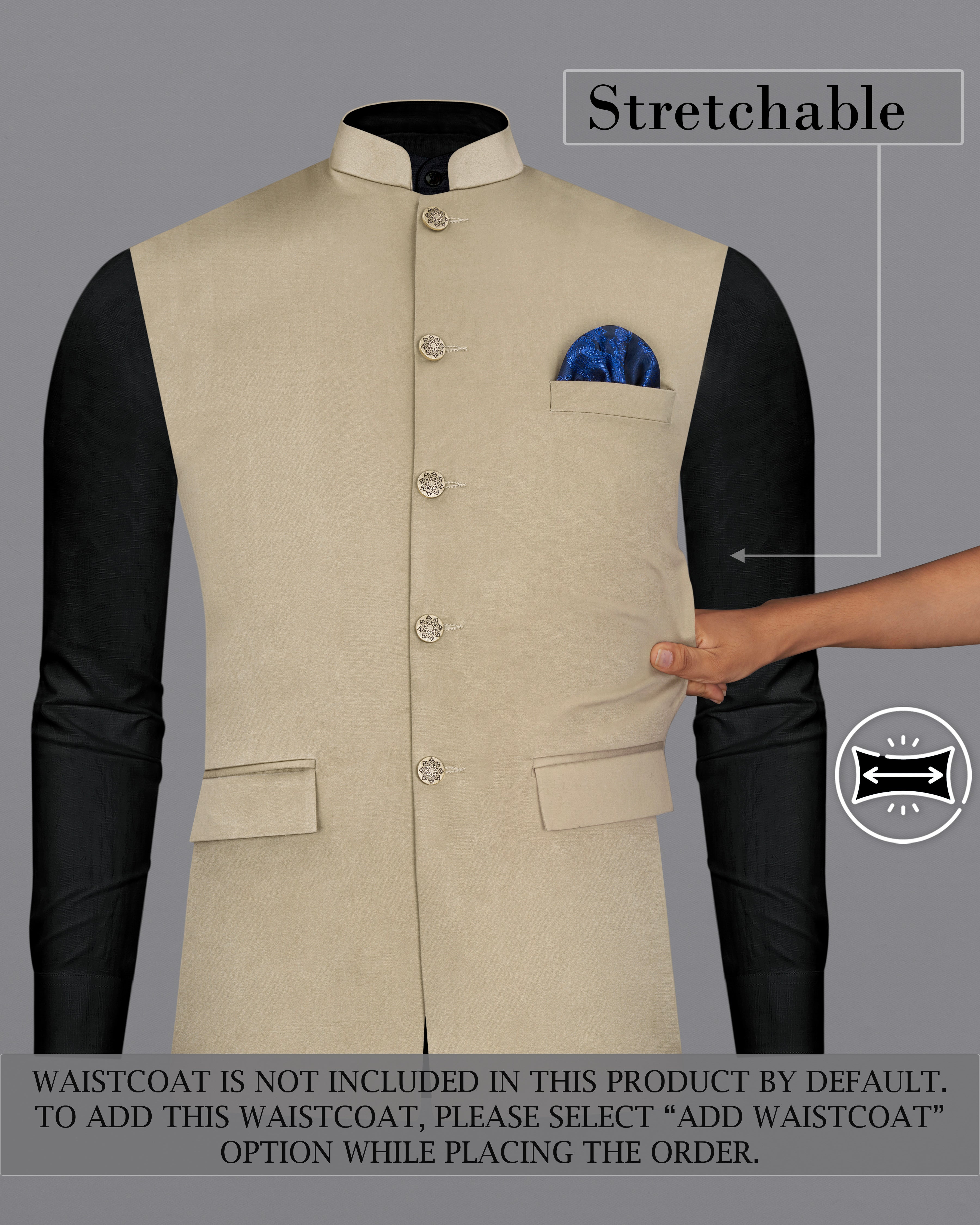 Quicksand Brown Stretchable Cross Placket Bandhgala Premium Cotton Traveler Suit