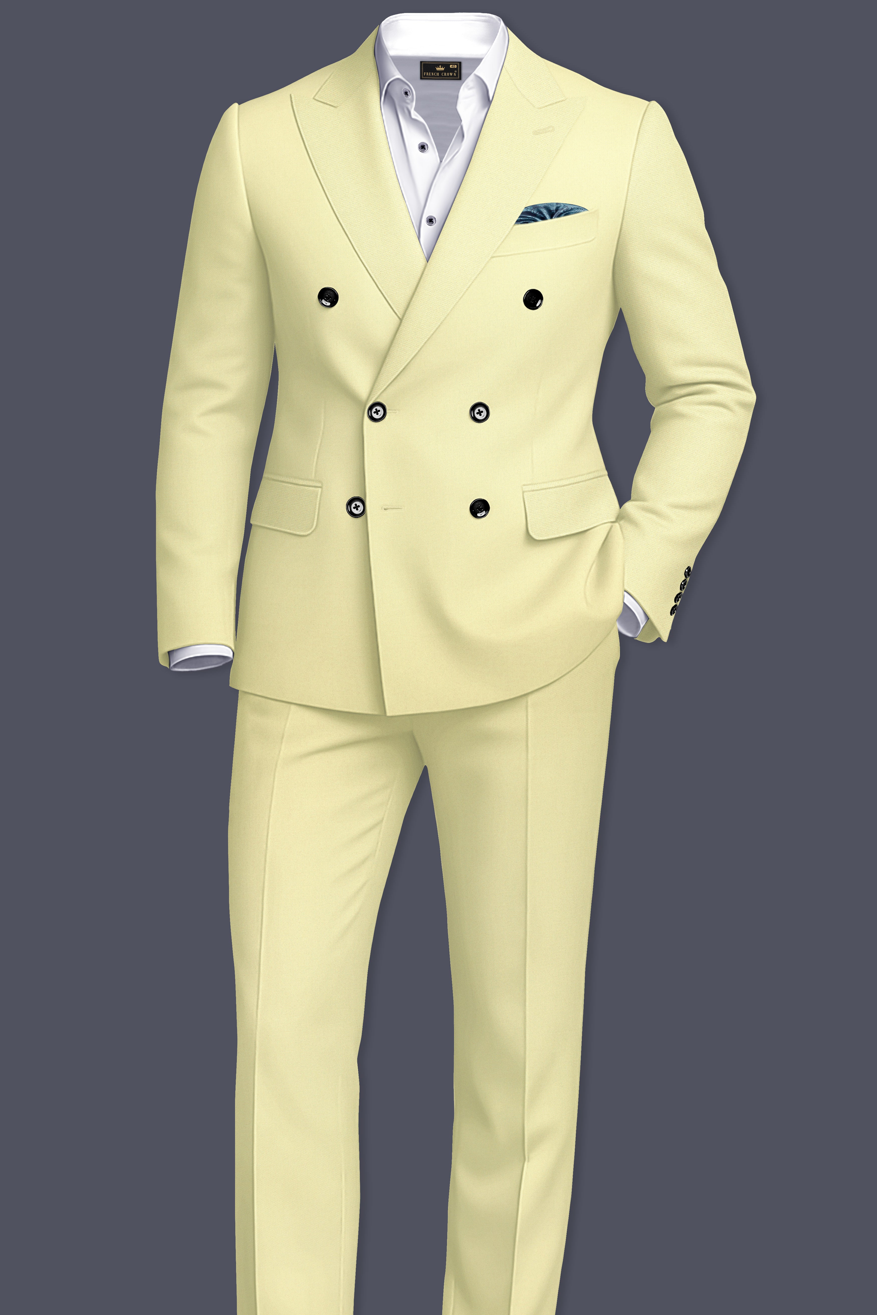 Maize Cream Stretchable Double Breasted Premium Cotton Traveler Suit