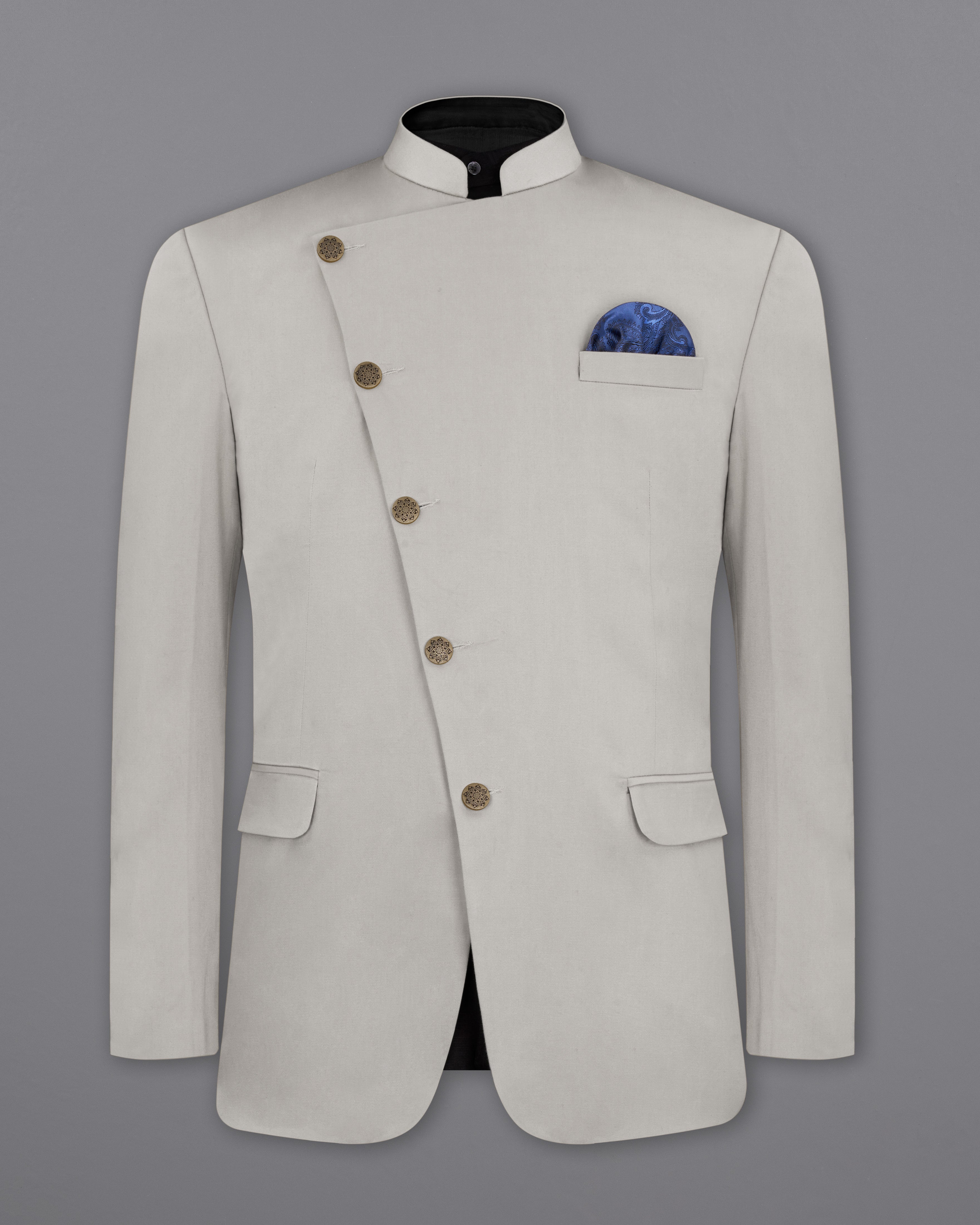 Martini Gray Cross Placket Bandhgala Premium Cotton Stretchable traveler Suit ST2670-CBG-36, ST2670-CBG-38, ST2670-CBG-40, ST2670-CBG-42, ST2670-CBG-44, ST2670-CBG-46, ST2670-CBG-48, ST2670-CBG-50, ST2670-CBG-52, ST2670-CBG-54, ST2670-CBG-56, ST2670-CBG-58, ST2670-CBG-60