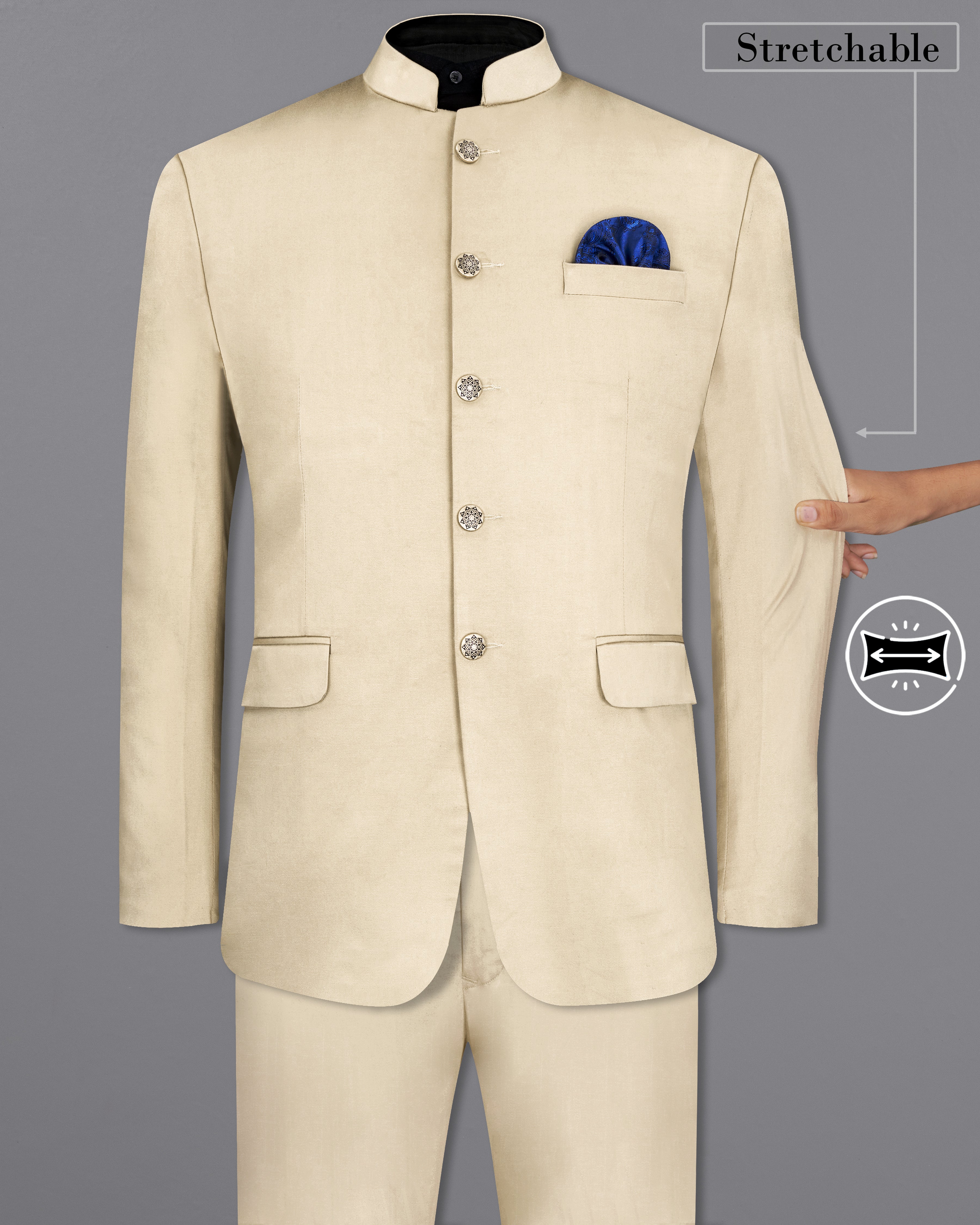 Moon Mist Beige Bandhgala Premium Cotton Stretchable Traveler Suit ST2674-BG-36, ST2674-BG-38, ST2674-BG-40, ST2674-BG-42, ST2674-BG-44, ST2674-BG-46, ST2674-BG-48, ST2674-BG-50, ST2674-BG-52, ST2674-BG-54, ST2674-BG-56, ST2674-BG-58, ST2674-BG-60