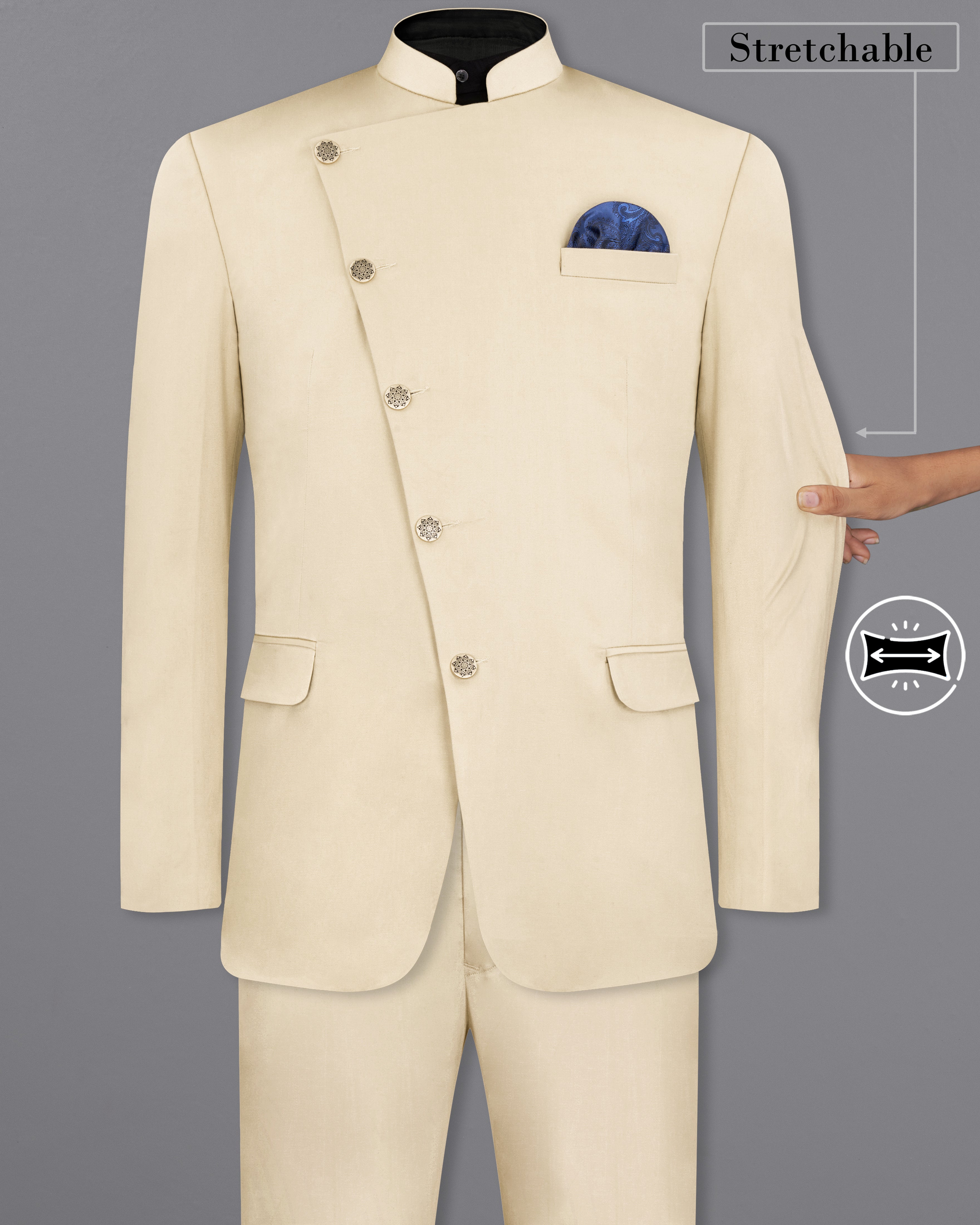 Moon Mist Beige Stretchable Cross Placket Bandhgala Premium Cotton Traveler Suit ST2675-CBG-36, ST2675-CBG-38, ST2675-CBG-40, ST2675-CBG-42, ST2675-CBG-44, ST2675-CBG-46, ST2675-CBG-48, ST2675-CBG-50, ST2675-CBG-52, ST2675-CBG-54, ST2675-CBG-56, ST2675-CBG-58, ST2675-CBG-60