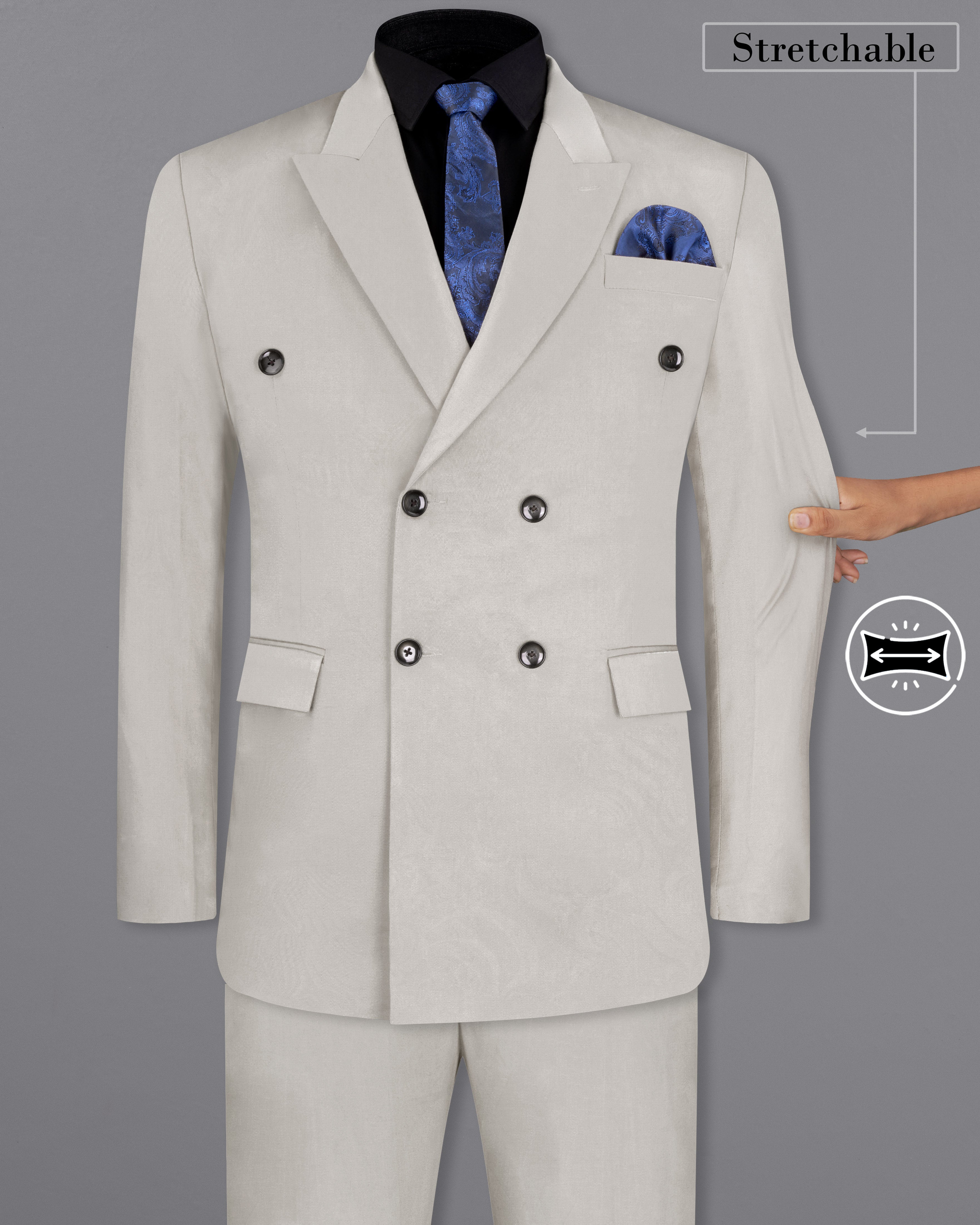 Sisal Light Gray Stretchable Double Breasted Premium Cotton Traveler Suit ST2678-DB-36, ST2678-DB-38, ST2678-DB-40, ST2678-DB-42, ST2678-DB-44, ST2678-DB-46, ST2678-DB-48, ST2678-DB-50, ST2678-DB-52, ST2678-DB-54, ST2678-DB-56, ST2678-DB-58, ST2678-DB-60