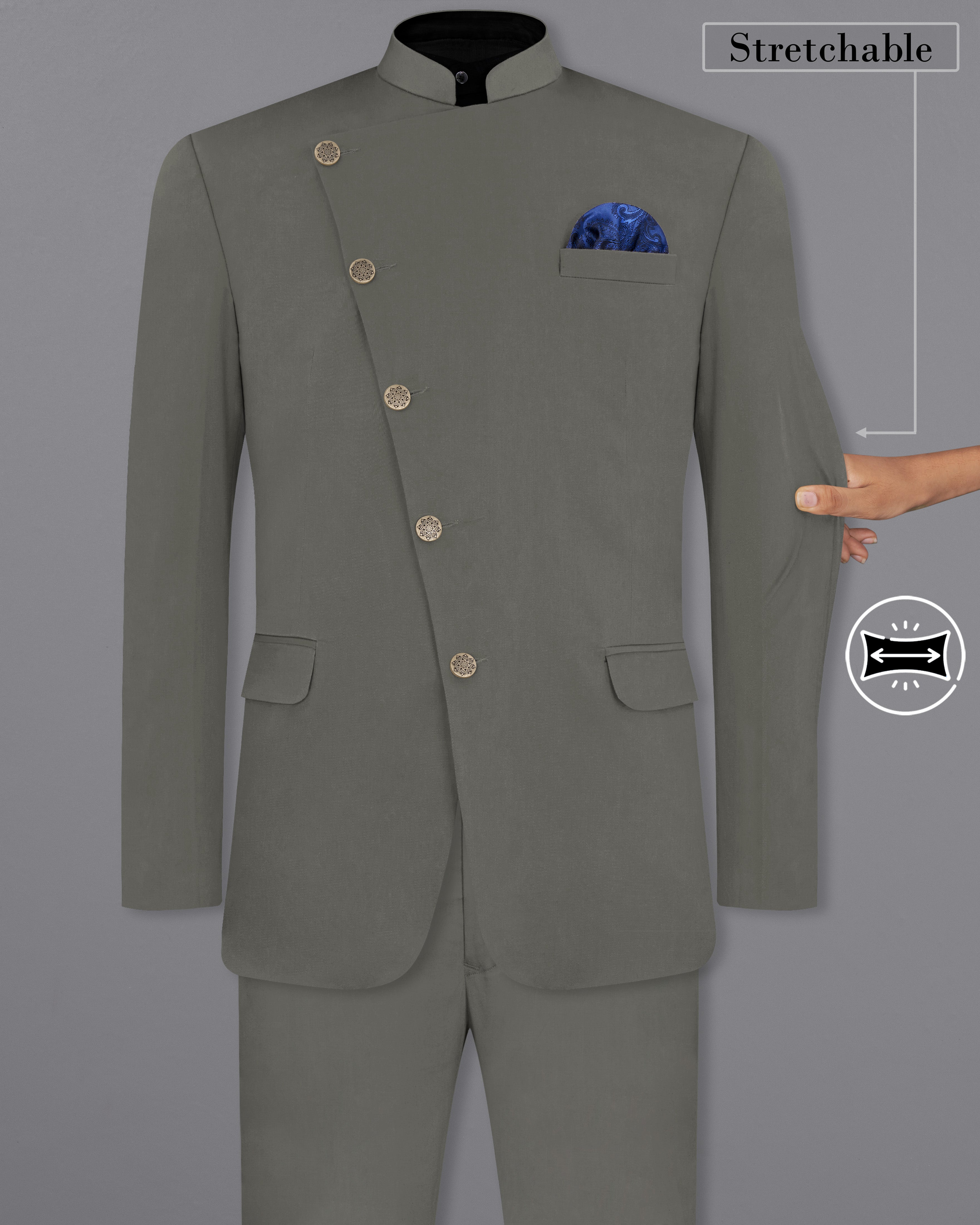 Ironside Gray Stretchable Cross Placket Bandhgala Premium Cotton traveler Suit ST2685-CBG-36, ST2685-CBG-38, ST2685-CBG-40, ST2685-CBG-42, ST2685-CBG-44, ST2685-CBG-46, ST2685-CBG-48, ST2685-CBG-50, ST2685-CBG-52, ST2685-CBG-54, ST2685-CBG-56, ST2685-CBG-58, ST2685-CBG-60