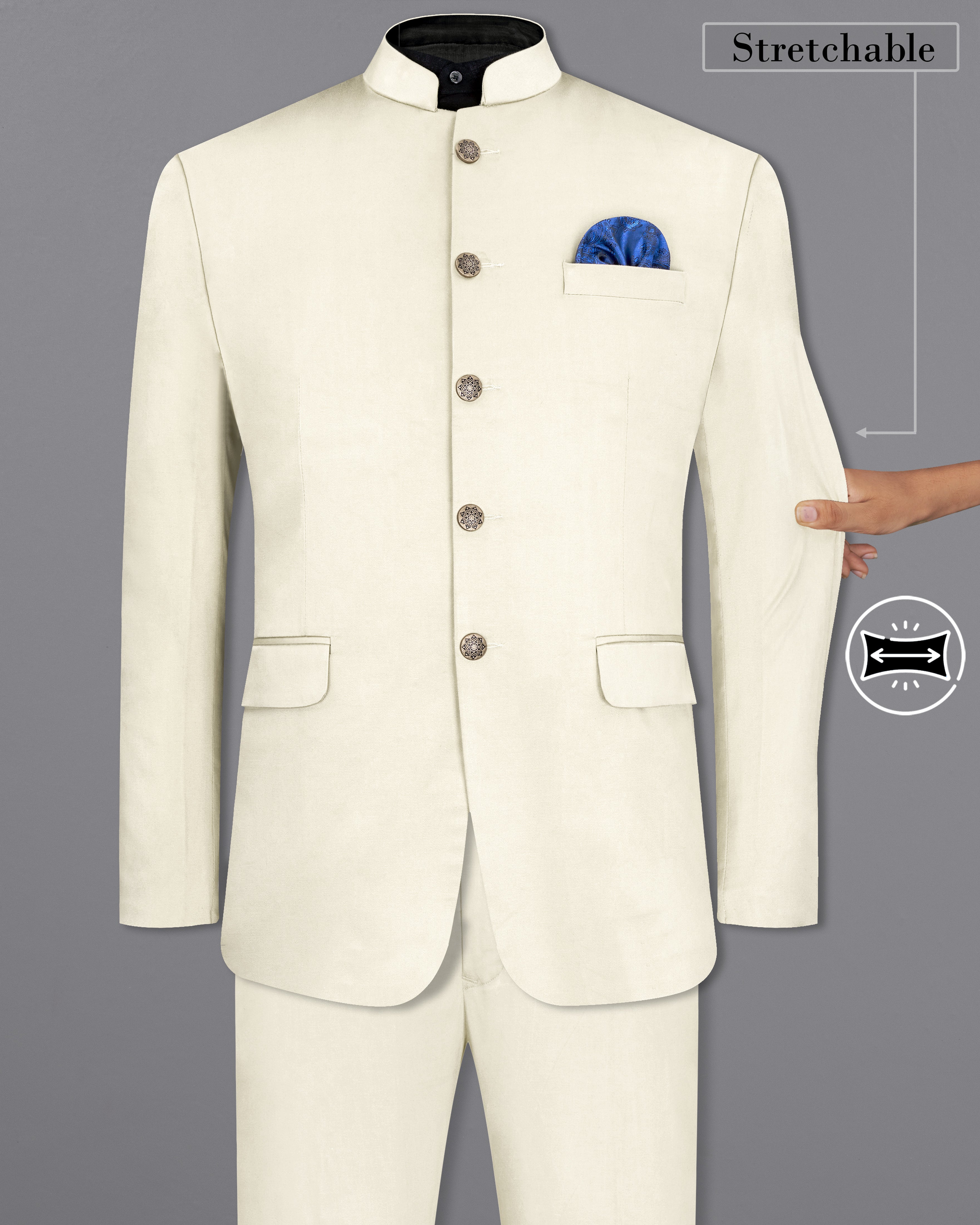 Merino Cream Stretchable Bandhgala Premium Cotton traveler Suit ST2689-BG-36, ST2689-BG-38, ST2689-BG-40, ST2689-BG-42, ST2689-BG-44, ST2689-BG-46, ST2689-BG-48, ST2689-BG-50, ST2689-BG-52, ST2689-BG-54, ST2689-BG-56, ST2689-BG-58, ST2689-BG-60