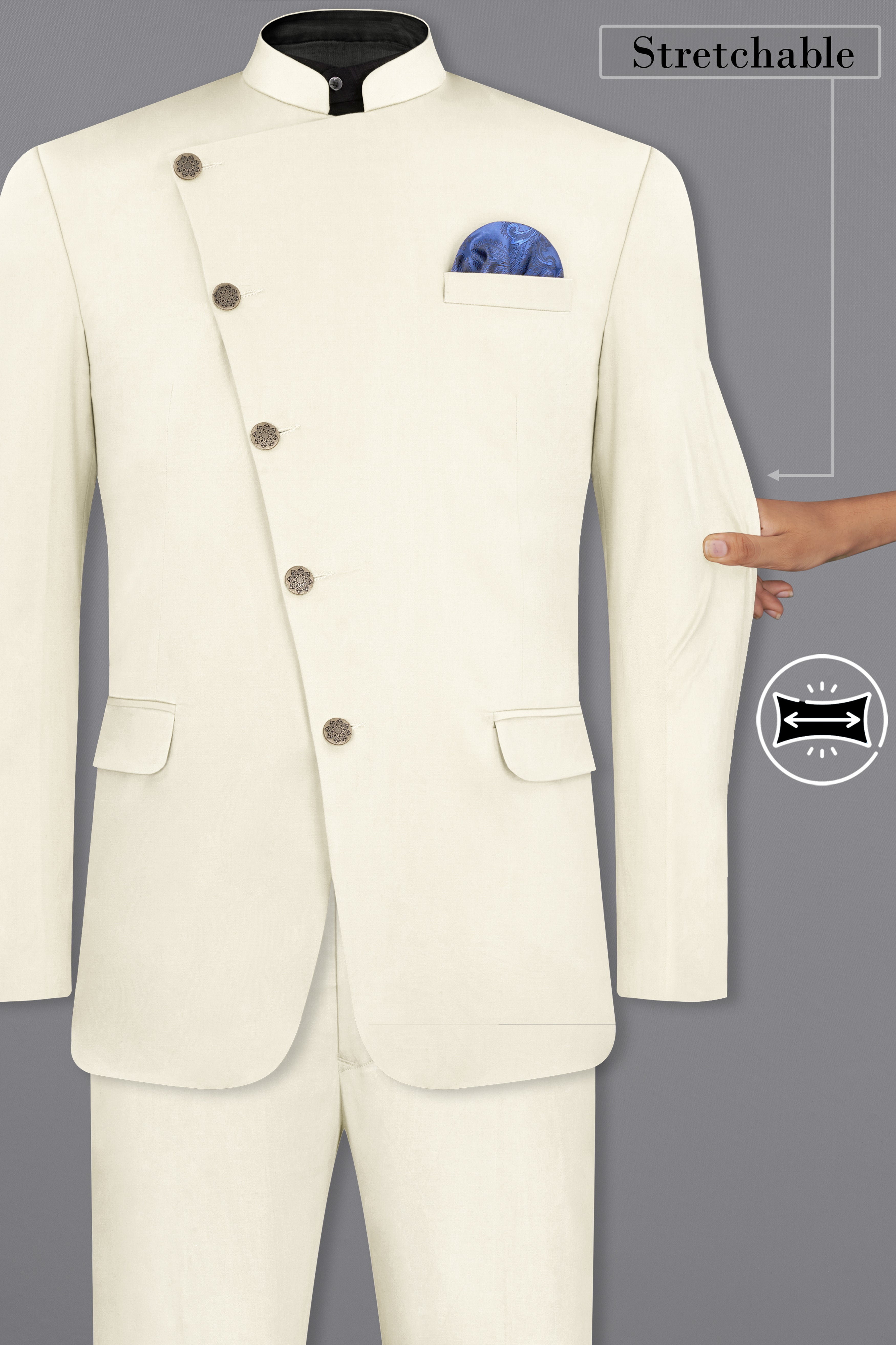 Merino Cream Cross Placket Bandhgala Premium Cotton Stretchable traveler Suit
