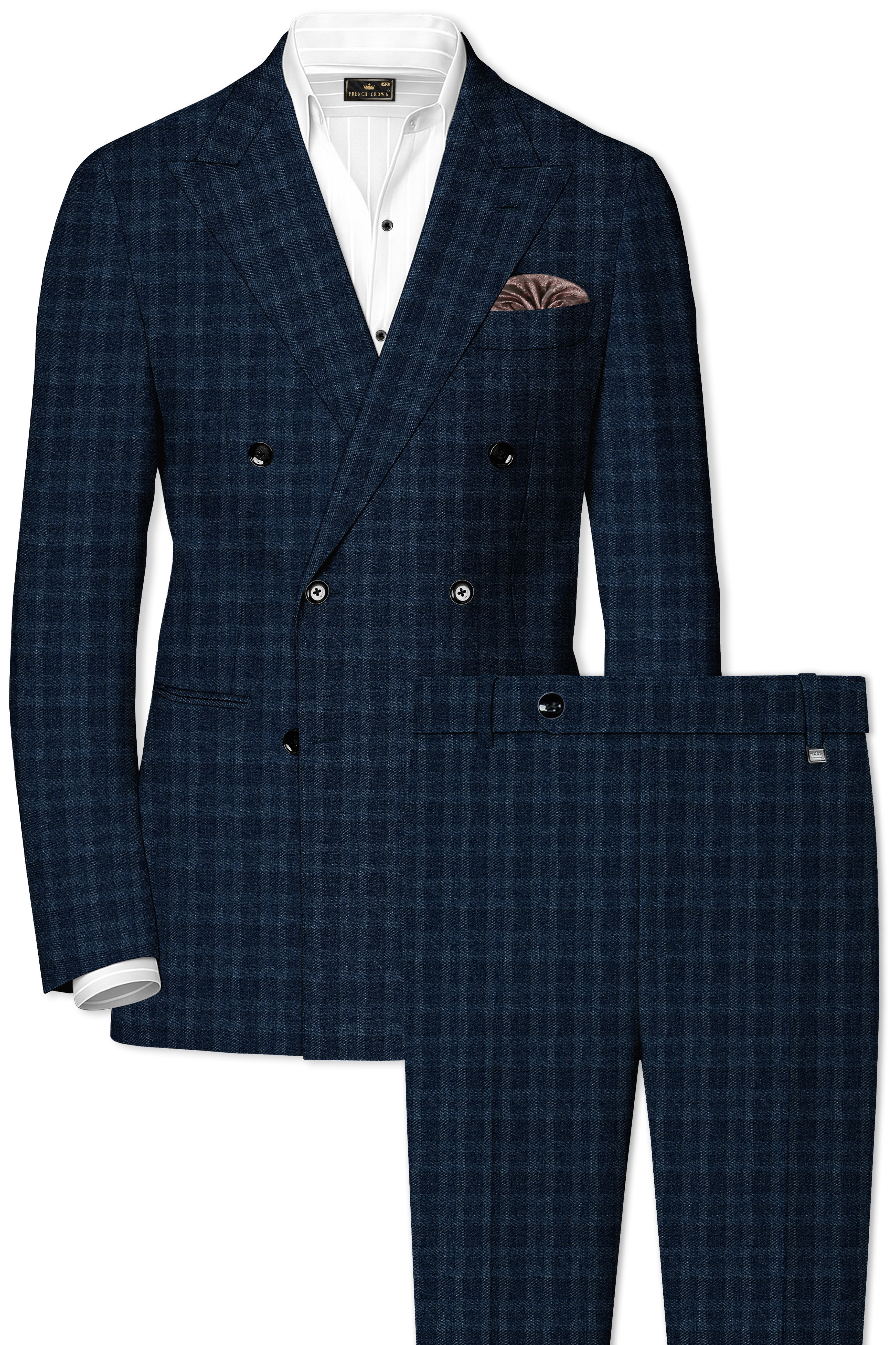 Baltic Sea Blue with Tuna Blue Checkered Wool Rich Double Breasted Suit