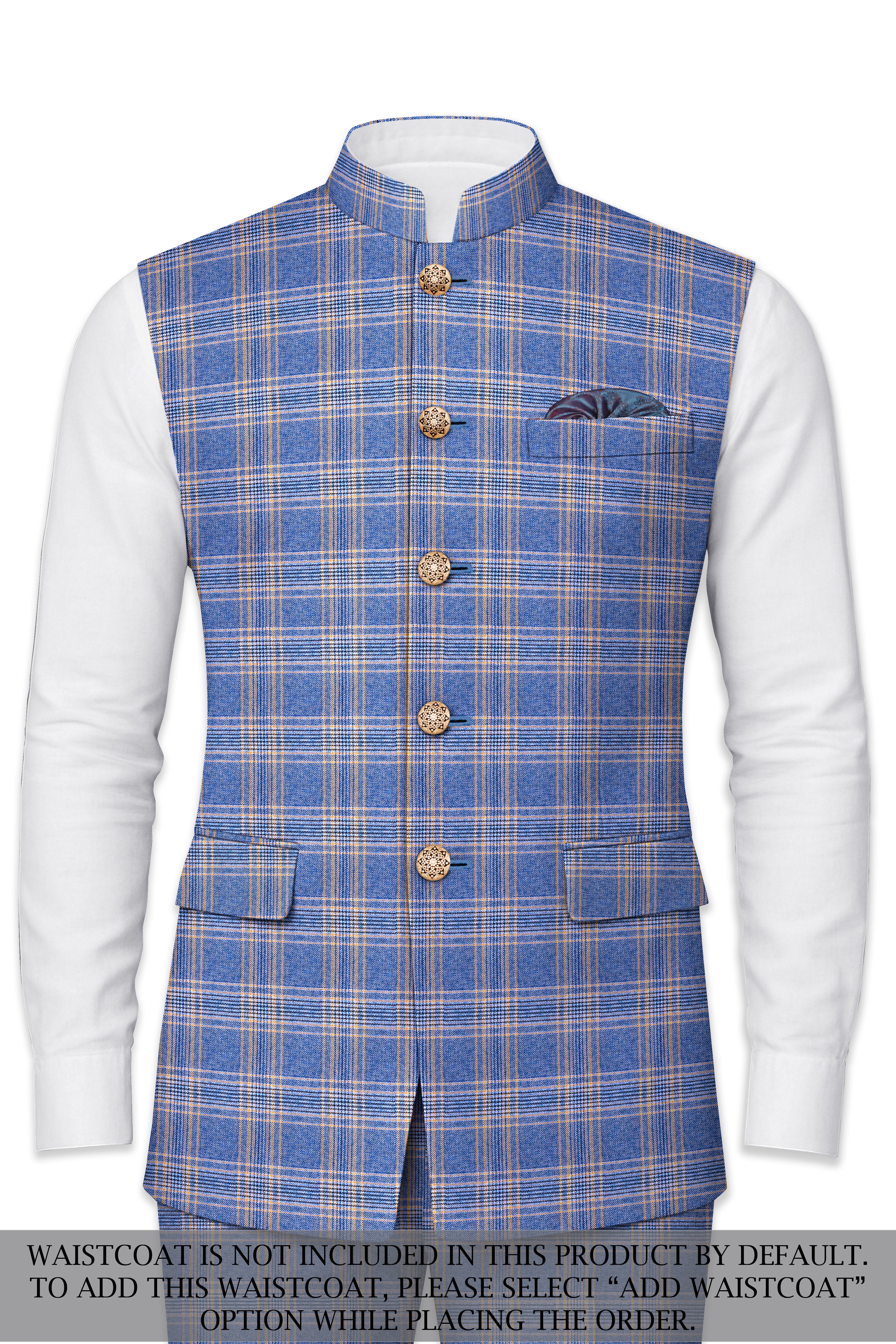 Scampi Blue and Muesli Brown Plaid Wool Rich Cross Placket Bandhgala Suit