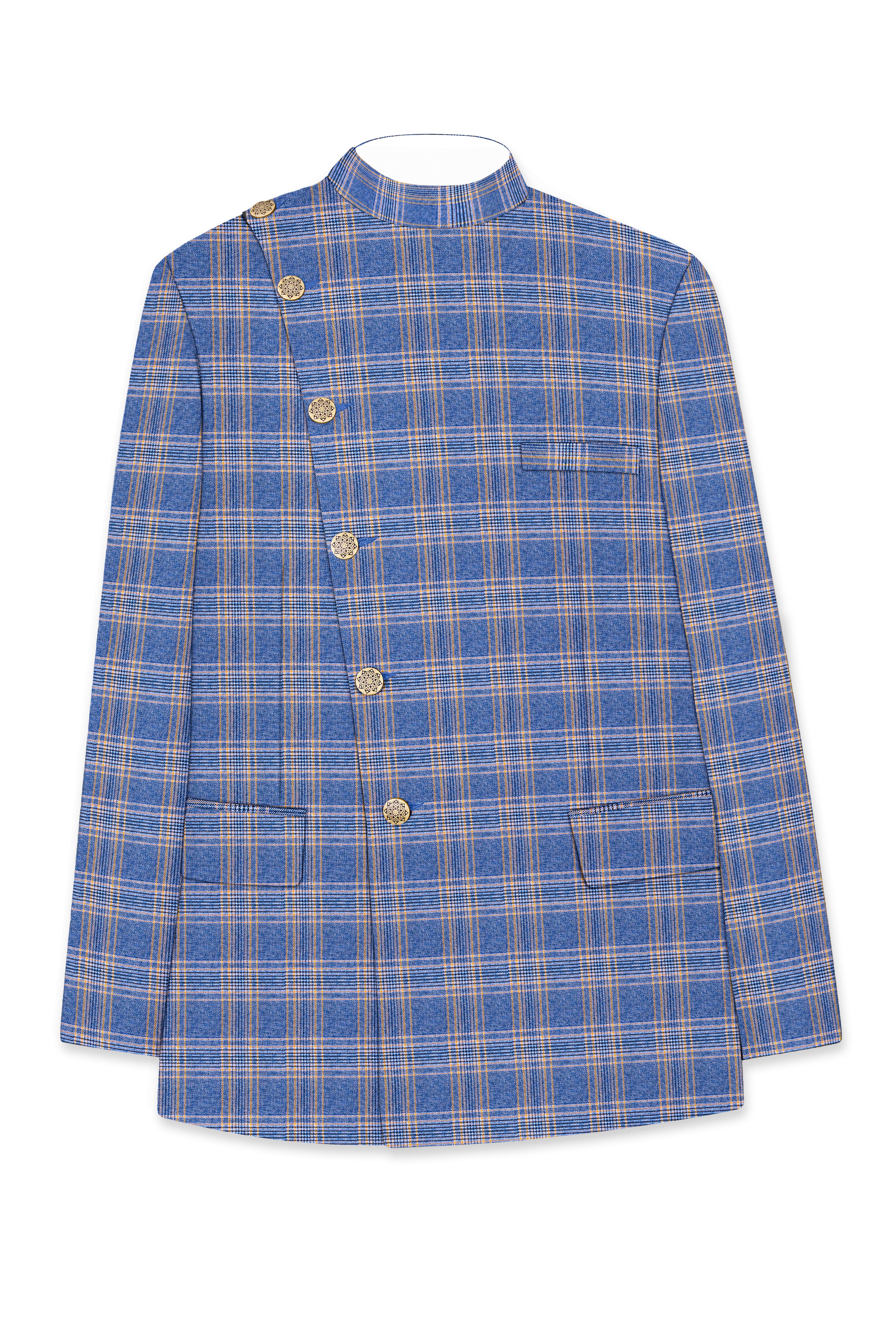 Scampi Blue and Muesli Brown Plaid Wool Rich Cross Placket Bandhgala Suit