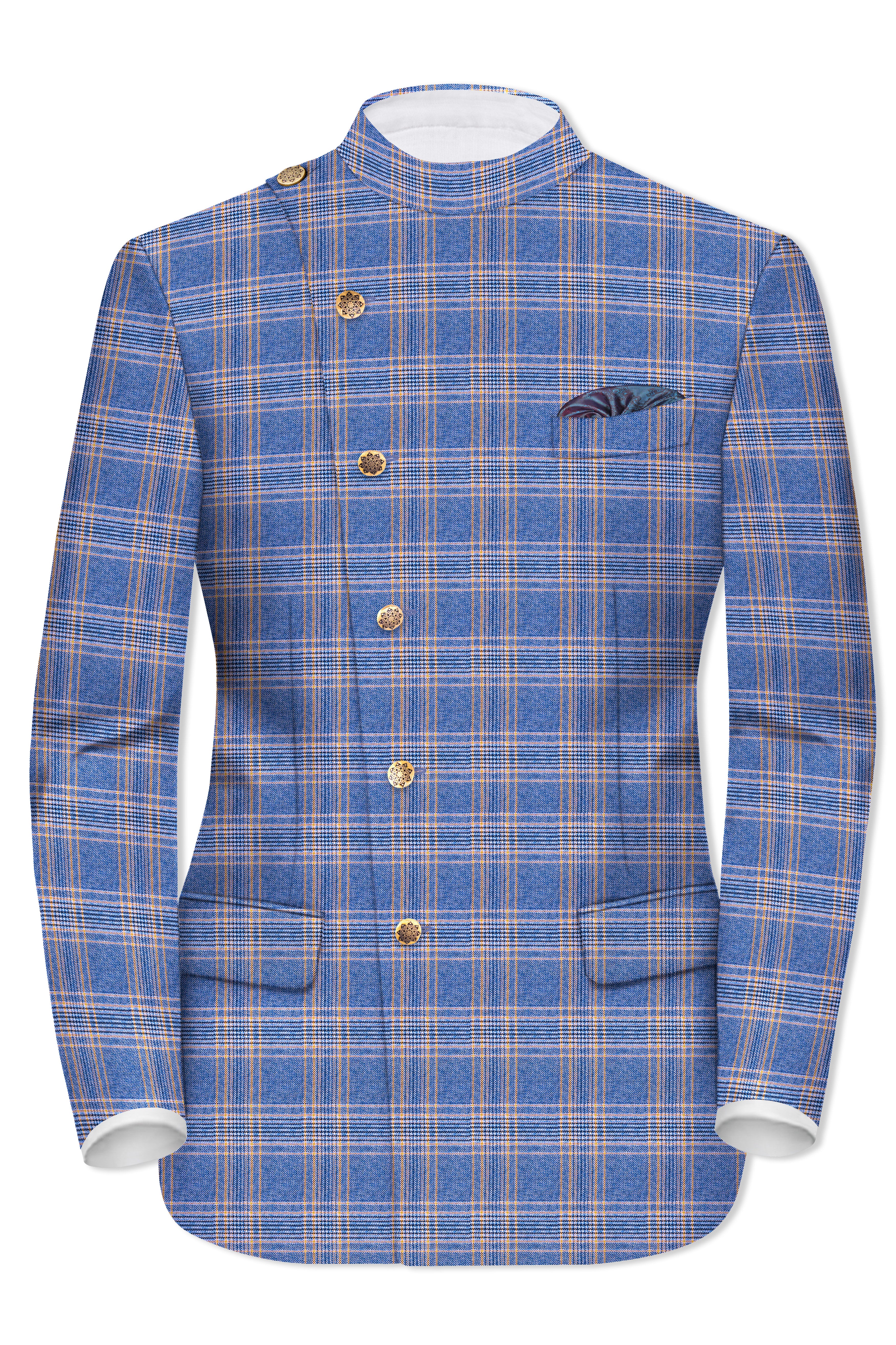 Scampi Blue and Muesli Brown Plaid Wool Rich Cross Placket Bandhgala Suit