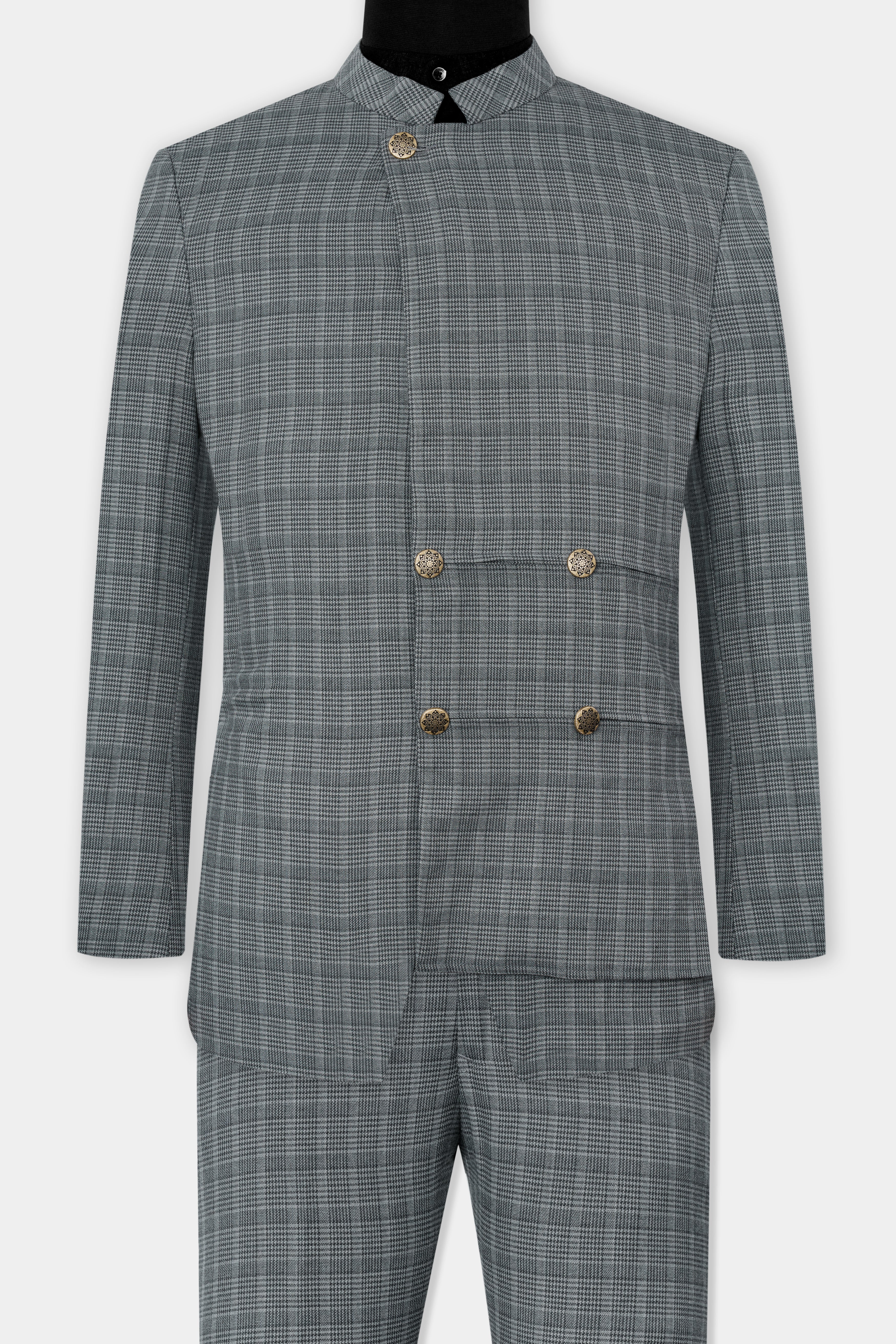 Oslo Gray Checkered Wool Rich Bandhgala Designer Stretchable traveler Suit ST2801-D38-36, ST2801-D38-38, ST2801-D38-40, ST2801-D38-42, ST2801-D38-44, ST2801-D38-46, ST2801-D38-48, ST2801-D38-50, ST2801-D38-52, ST2801-D38-54, ST2801-D38-56, ST2801-D38-58, ST2801-D38-60
