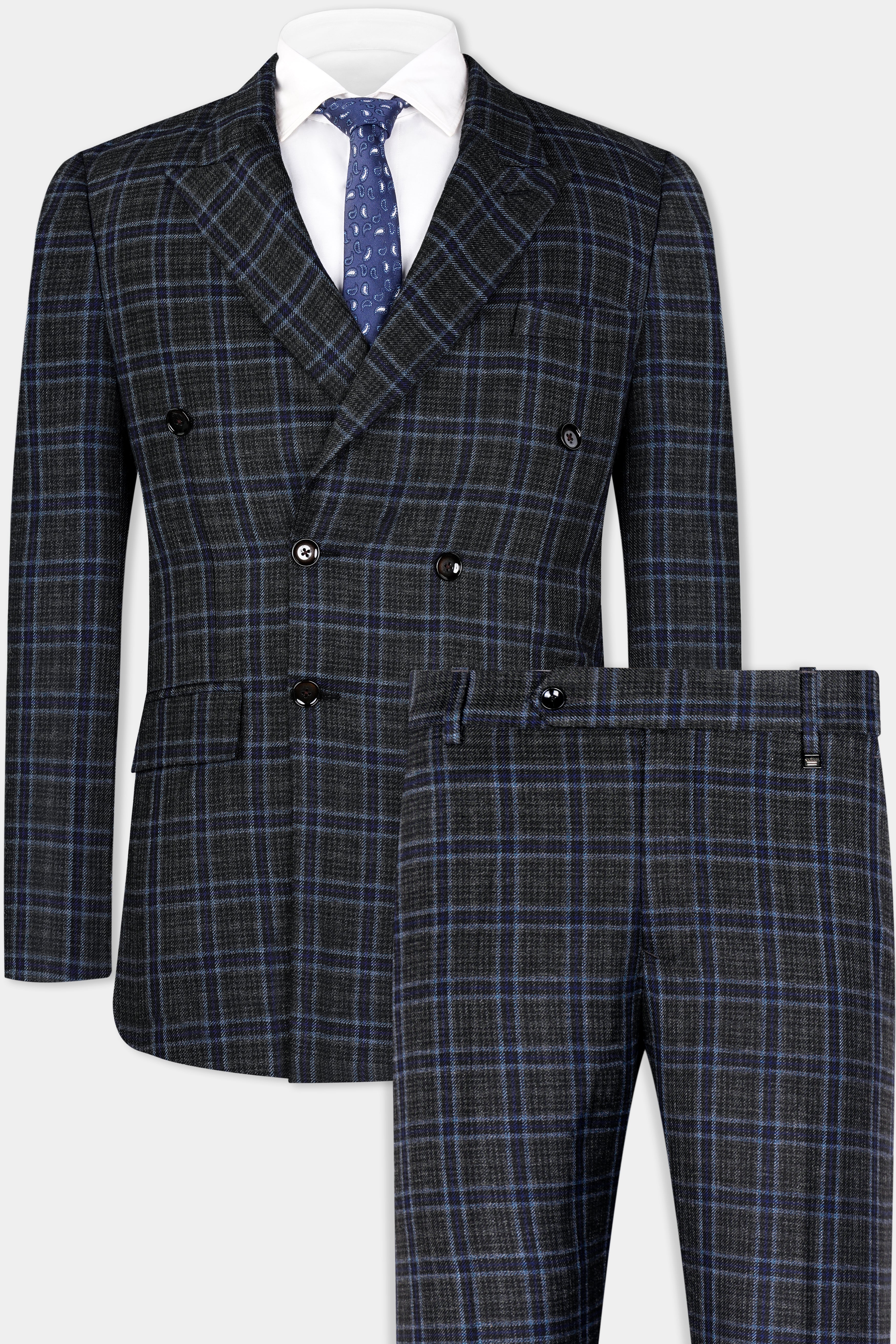 Bleached Black and Marine Blue Plaid Double Breasted Tweed Suit ST2907-DB-36, ST2907-DB-38, ST2907-DB-40, ST2907-DB-42, ST2907-DB-44, ST2907-DB-46, ST2907-DB-48, ST2907-DB-50, ST2907-DB-52, ST2907-DB-54, ST2907-DB-56, ST2907-DB-58, ST2907-DB-60
