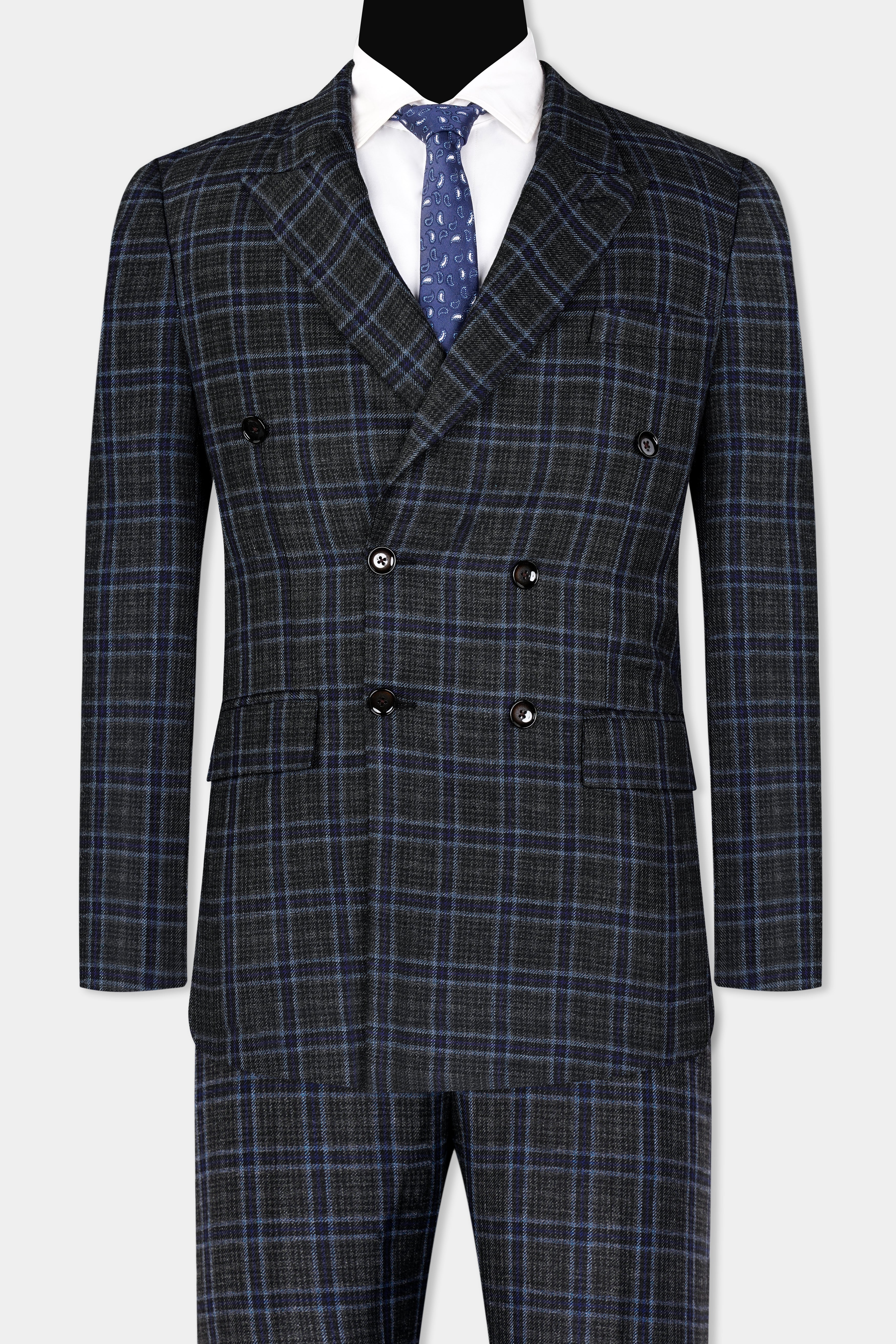 Bleached Black and Marine Blue Plaid Double Breasted Tweed Suit ST2907-DB-36, ST2907-DB-38, ST2907-DB-40, ST2907-DB-42, ST2907-DB-44, ST2907-DB-46, ST2907-DB-48, ST2907-DB-50, ST2907-DB-52, ST2907-DB-54, ST2907-DB-56, ST2907-DB-58, ST2907-DB-60