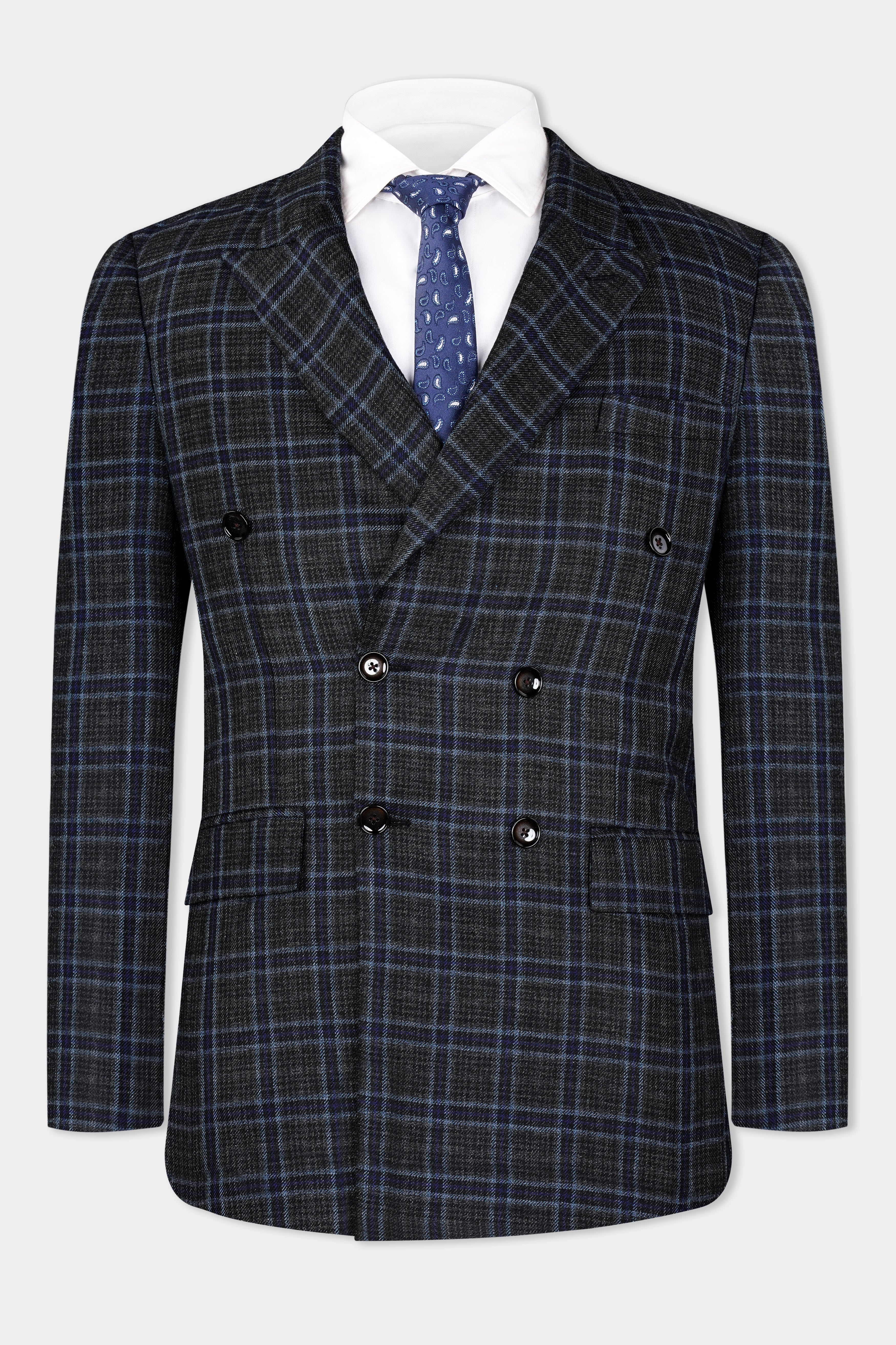 Bleached Black and Marine Blue Plaid Double Breasted Tweed Suit ST2907-DB-36, ST2907-DB-38, ST2907-DB-40, ST2907-DB-42, ST2907-DB-44, ST2907-DB-46, ST2907-DB-48, ST2907-DB-50, ST2907-DB-52, ST2907-DB-54, ST2907-DB-56, ST2907-DB-58, ST2907-DB-60