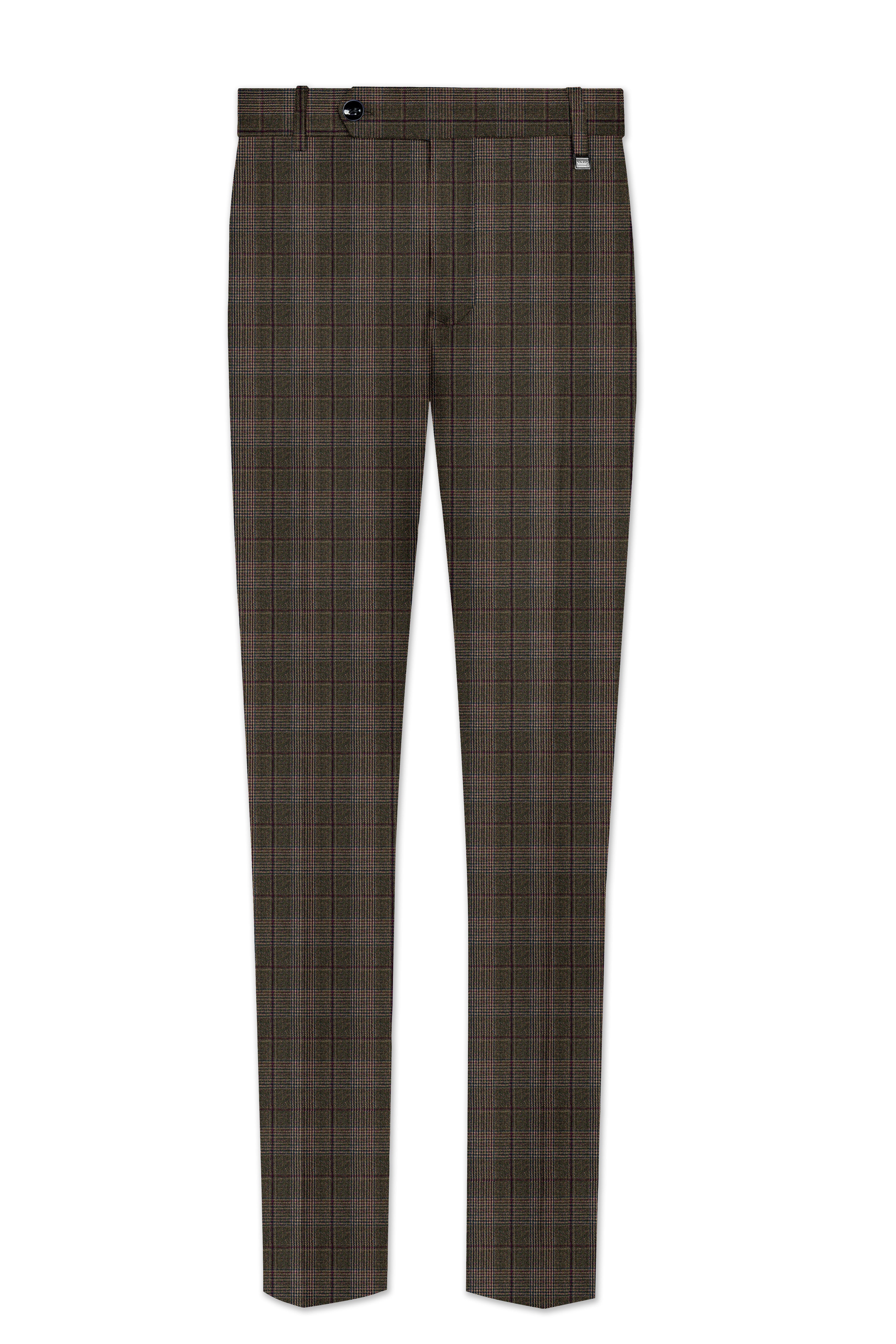 Fuscous Green and Bistre Brown Plaid Wool Rich Cross Placket Bandhgala Suit