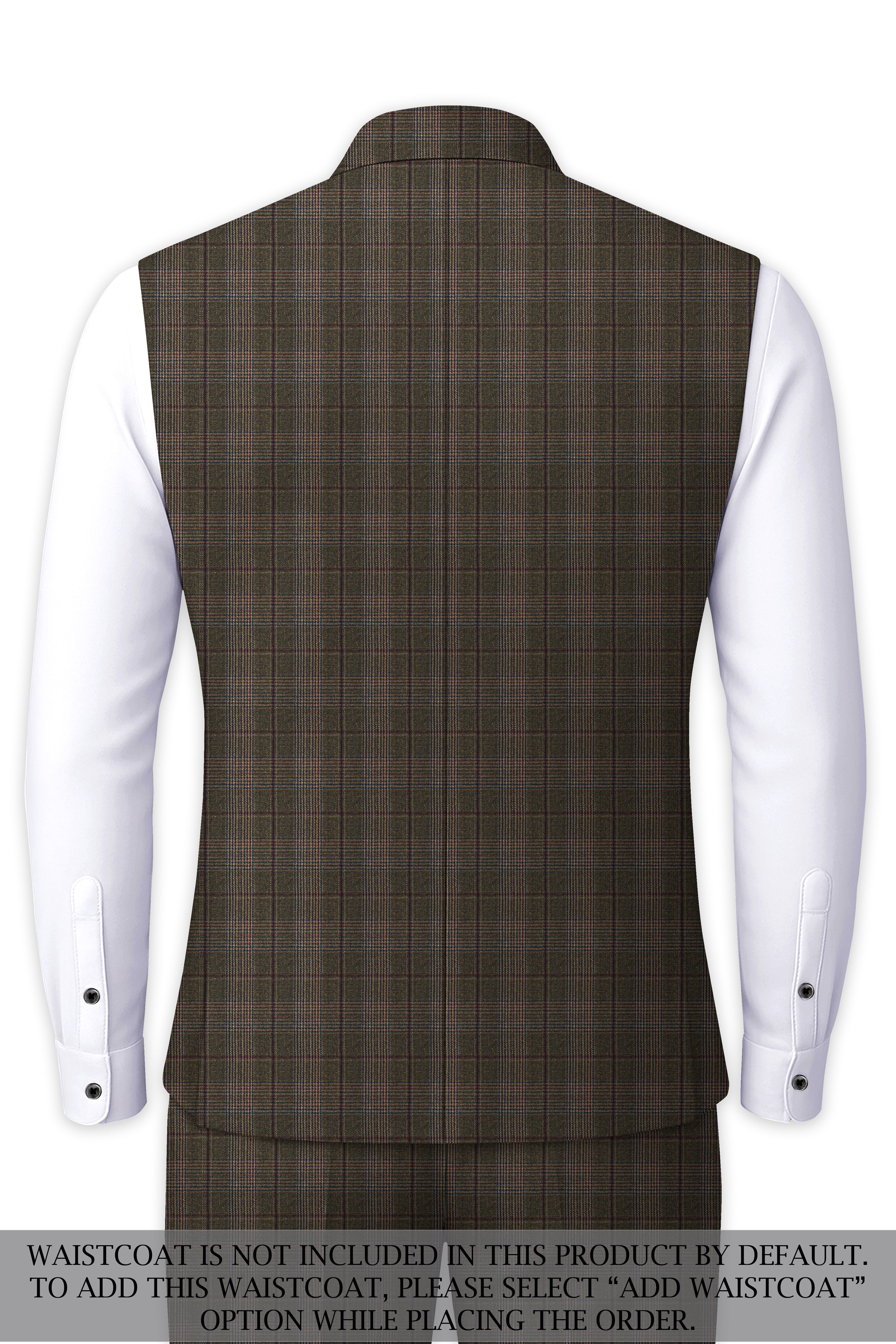 Fuscous Green and Bistre Brown Plaid Wool Rich Cross Placket Bandhgala Suit