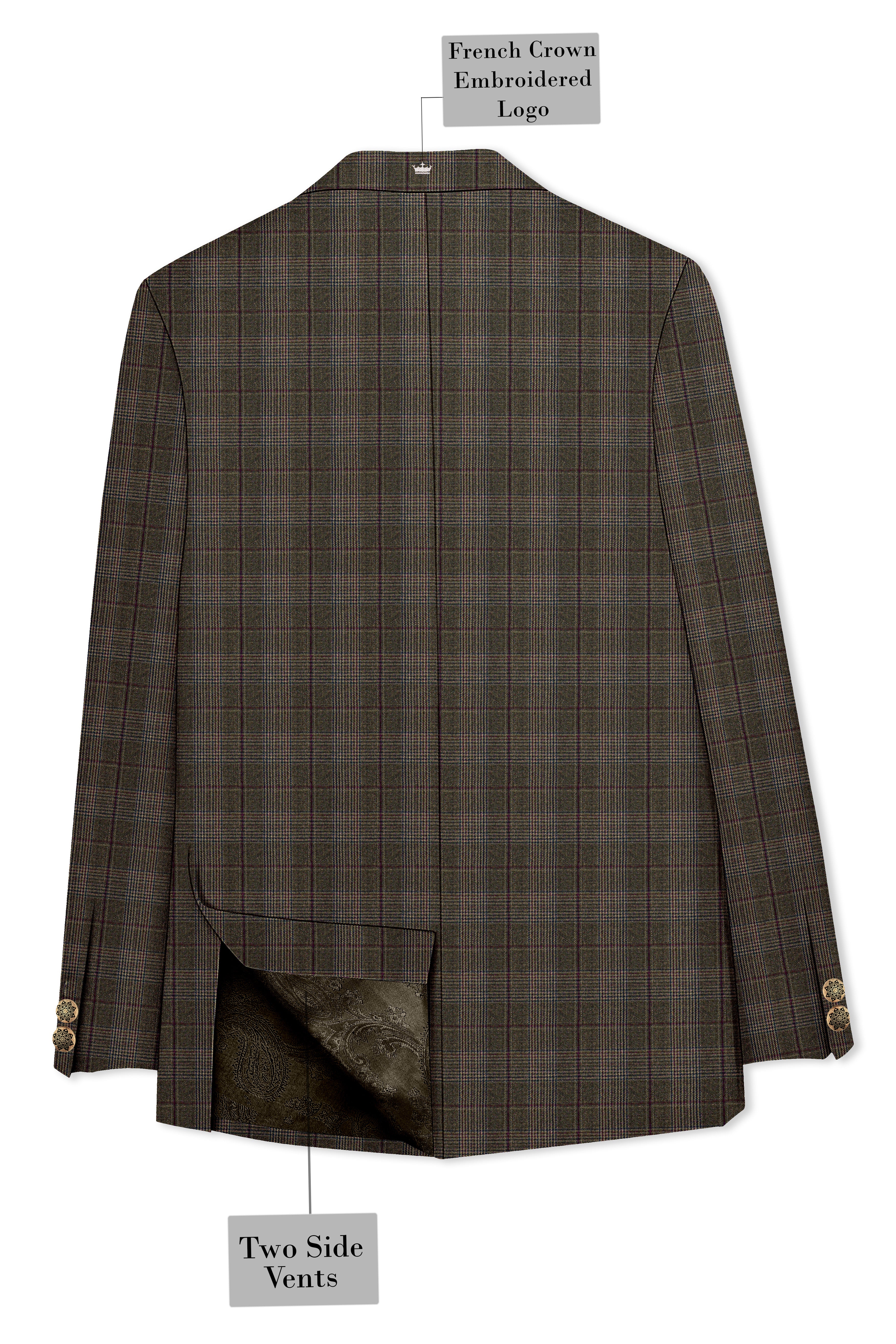 Fuscous Green and Bistre Brown Plaid Wool Rich Cross Placket Bandhgala Suit