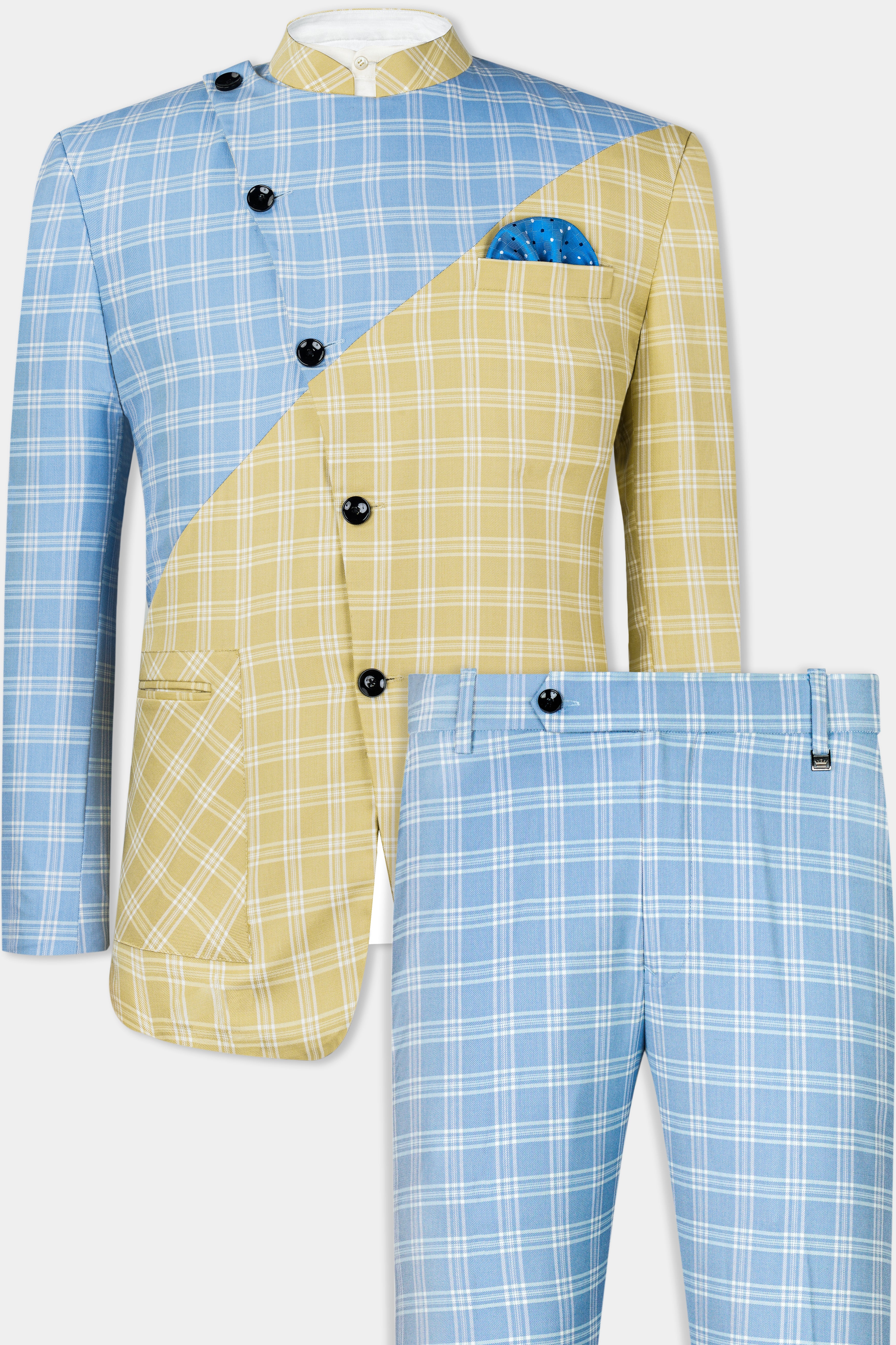 Casper Blue and Brandy Brown Plaid Wool Rich Cross Buttoned Bandhgala Designer Suit ST2959-CBG-D61-36, ST2959-CBG-D61-38, ST2959-CBG-D61-40, ST2959-CBG-D61-42, ST2959-CBG-D61-44, ST2959-CBG-D61-46, ST2959-CBG-D61-48, ST2959-CBG-D61-50, ST2959-CBG-D61-52, ST2959-CBG-D61-54, ST2959-CBG-D61-56, ST2959-CBG-D61-58, ST2959-CBG-D61-60