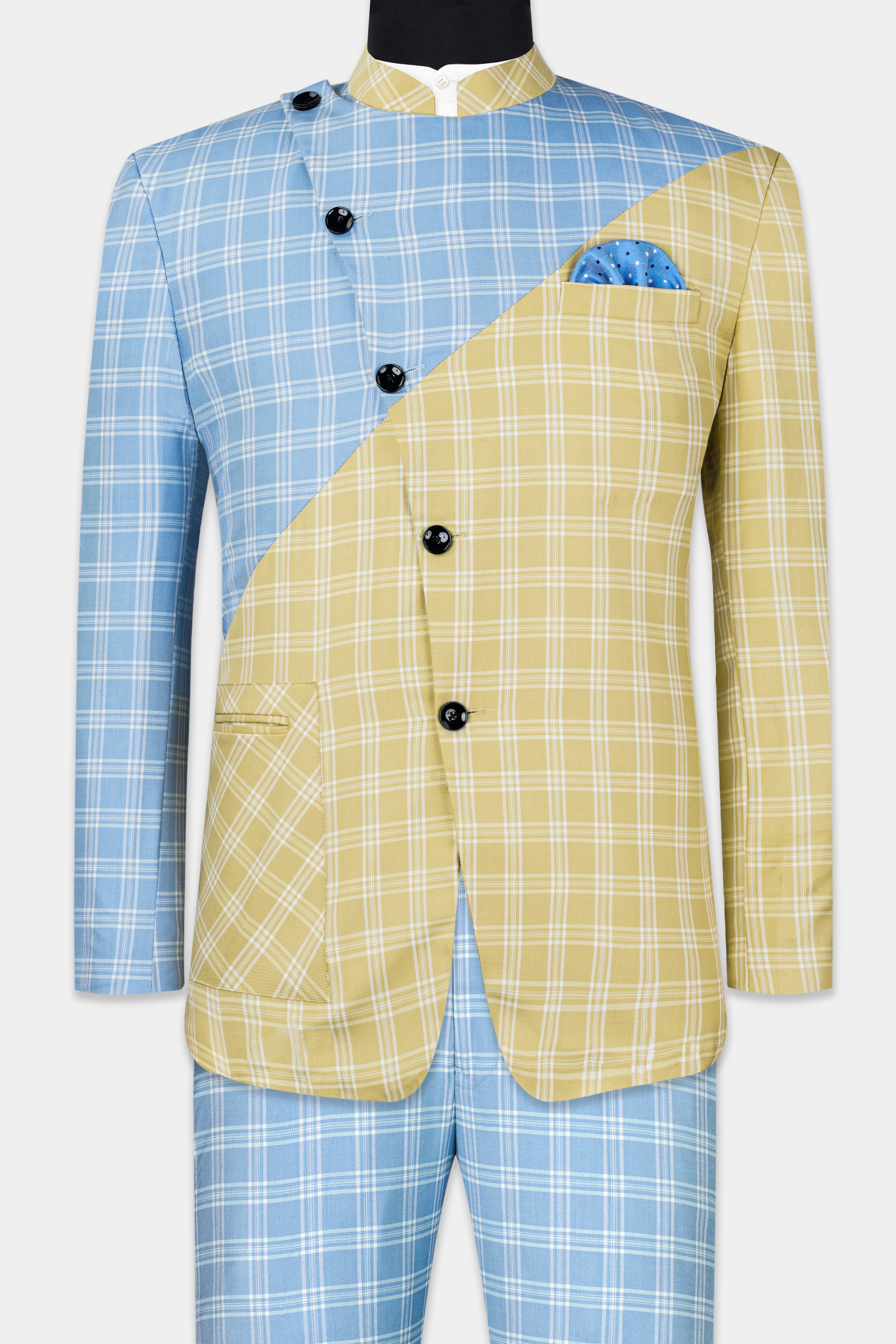 Casper Blue and Brandy Brown Plaid Wool Rich Cross Buttoned Bandhgala Designer Suit ST2959-CBG-D61-36, ST2959-CBG-D61-38, ST2959-CBG-D61-40, ST2959-CBG-D61-42, ST2959-CBG-D61-44, ST2959-CBG-D61-46, ST2959-CBG-D61-48, ST2959-CBG-D61-50, ST2959-CBG-D61-52, ST2959-CBG-D61-54, ST2959-CBG-D61-56, ST2959-CBG-D61-58, ST2959-CBG-D61-60