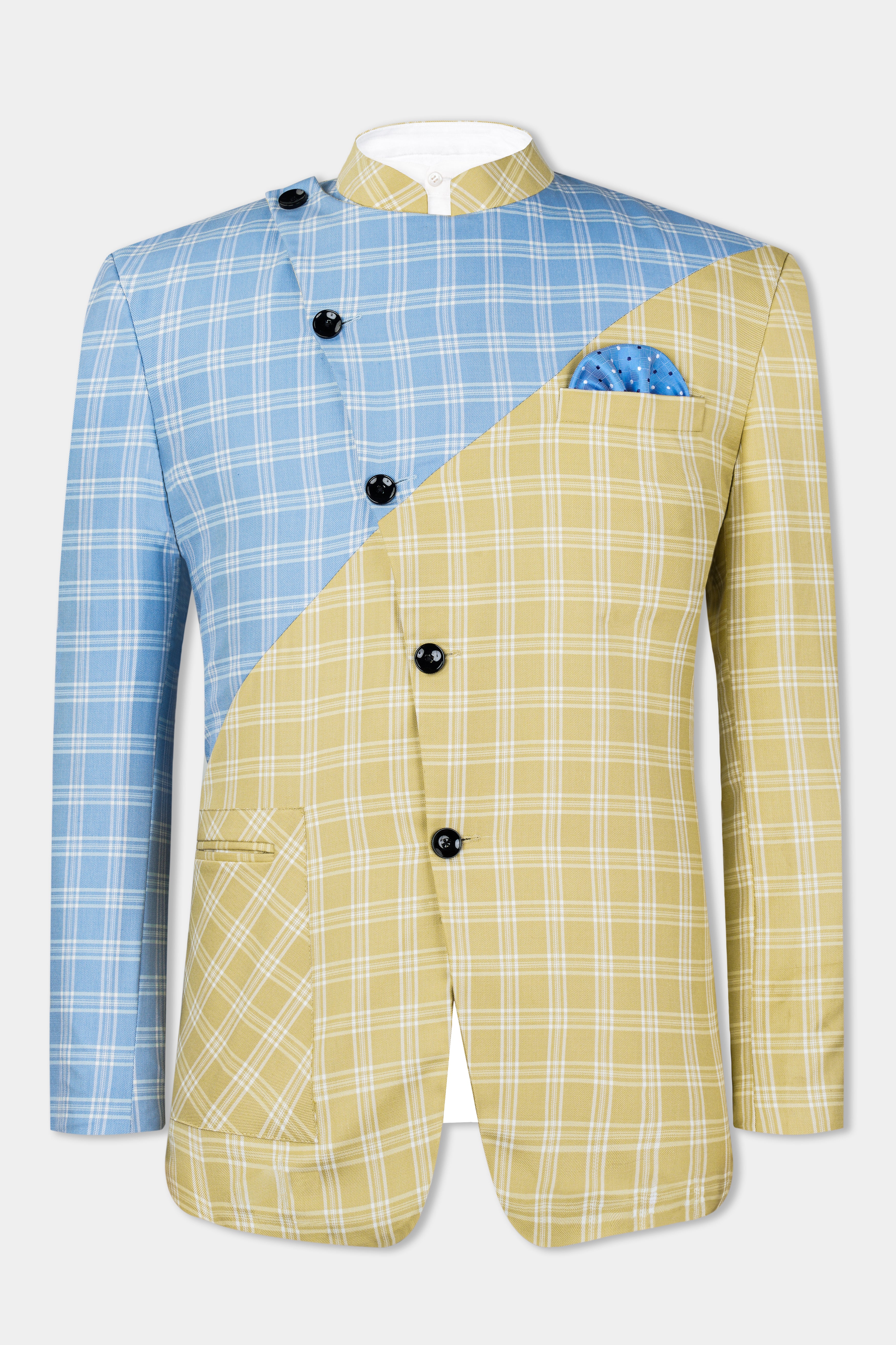 Casper Blue and Brandy Brown Plaid Wool Rich Cross Buttoned Bandhgala Designer Suit ST2959-CBG-D61-36, ST2959-CBG-D61-38, ST2959-CBG-D61-40, ST2959-CBG-D61-42, ST2959-CBG-D61-44, ST2959-CBG-D61-46, ST2959-CBG-D61-48, ST2959-CBG-D61-50, ST2959-CBG-D61-52, ST2959-CBG-D61-54, ST2959-CBG-D61-56, ST2959-CBG-D61-58, ST2959-CBG-D61-60