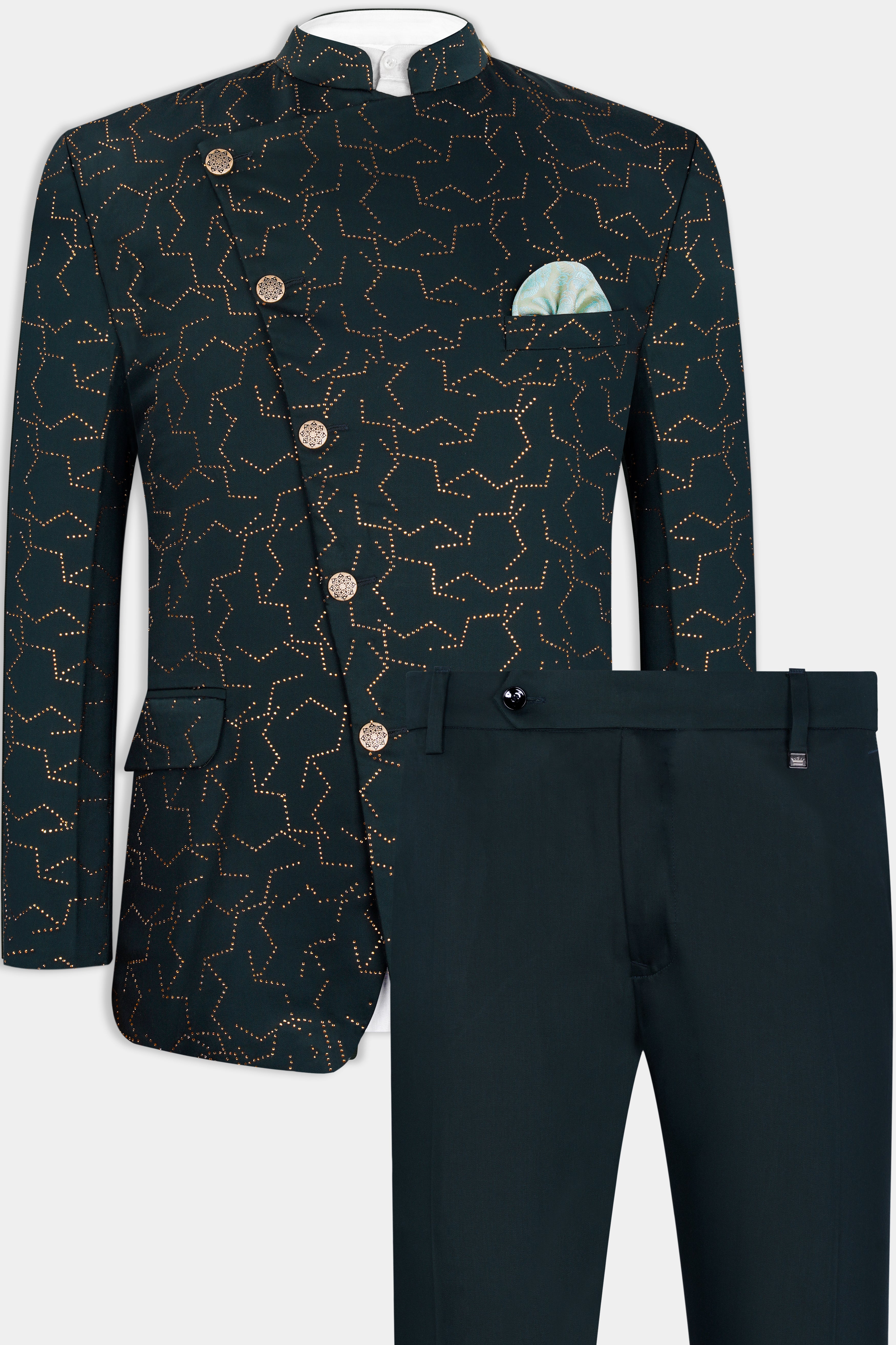 Prussian Green Wool Rich Stonework Cross Buttoned Bandhgala Designer Suit ST2960-CBG-D513-36, ST2960-CBG-D513-38, ST2960-CBG-D513-40, ST2960-CBG-D513-42, ST2960-CBG-D513-44, ST2960-CBG-D513-46, ST2960-CBG-D513-48, ST2960-CBG-D513-50, ST2960-CBG-D513-52, ST2960-CBG-D513-54, ST2960-CBG-D513-56, ST2960-CBG-D513-58, ST2960-CBG-D513-60