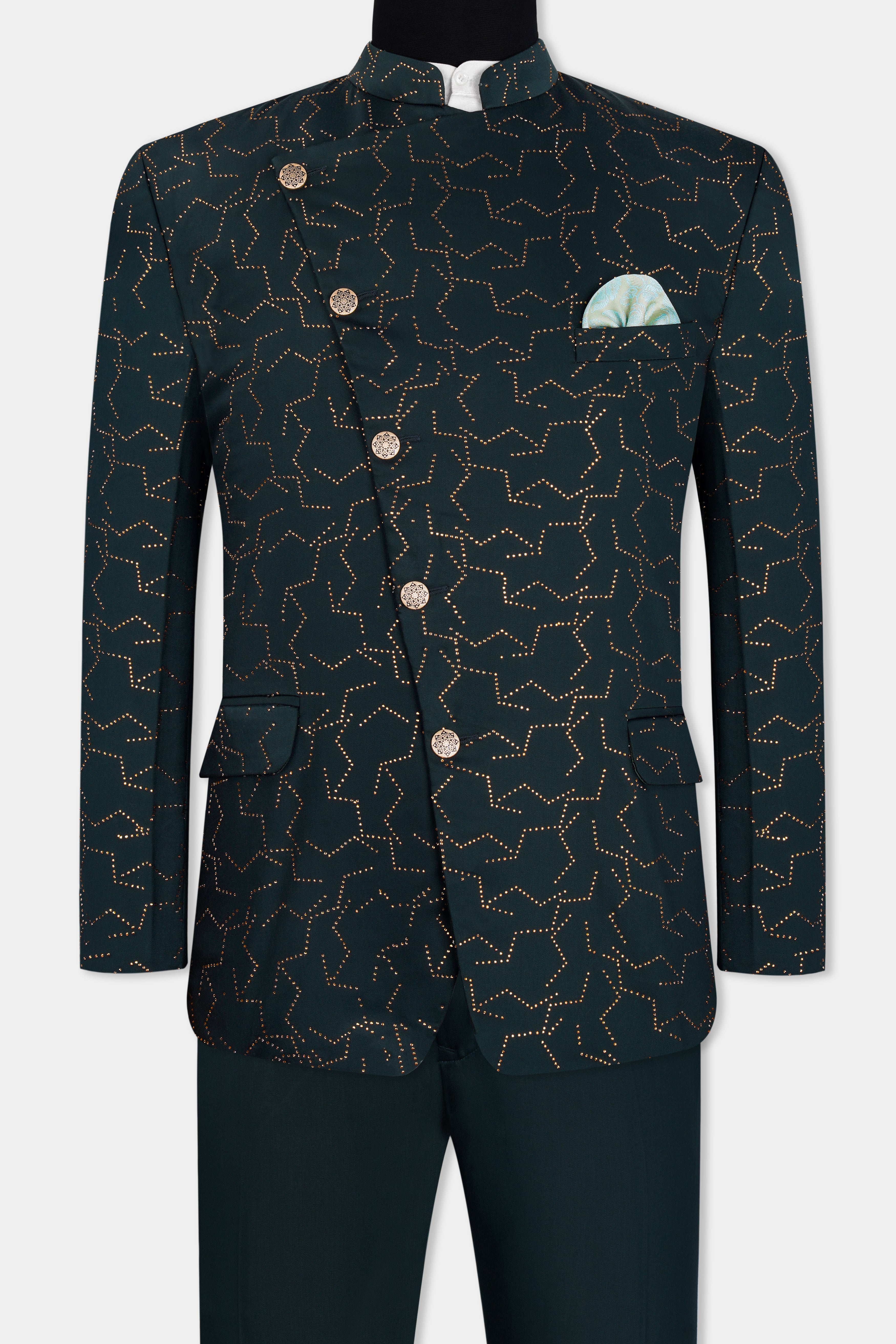 Prussian Green Wool Rich Stonework Cross Buttoned Bandhgala Designer Suit ST2960-CBG-D513-36, ST2960-CBG-D513-38, ST2960-CBG-D513-40, ST2960-CBG-D513-42, ST2960-CBG-D513-44, ST2960-CBG-D513-46, ST2960-CBG-D513-48, ST2960-CBG-D513-50, ST2960-CBG-D513-52, ST2960-CBG-D513-54, ST2960-CBG-D513-56, ST2960-CBG-D513-58, ST2960-CBG-D513-60