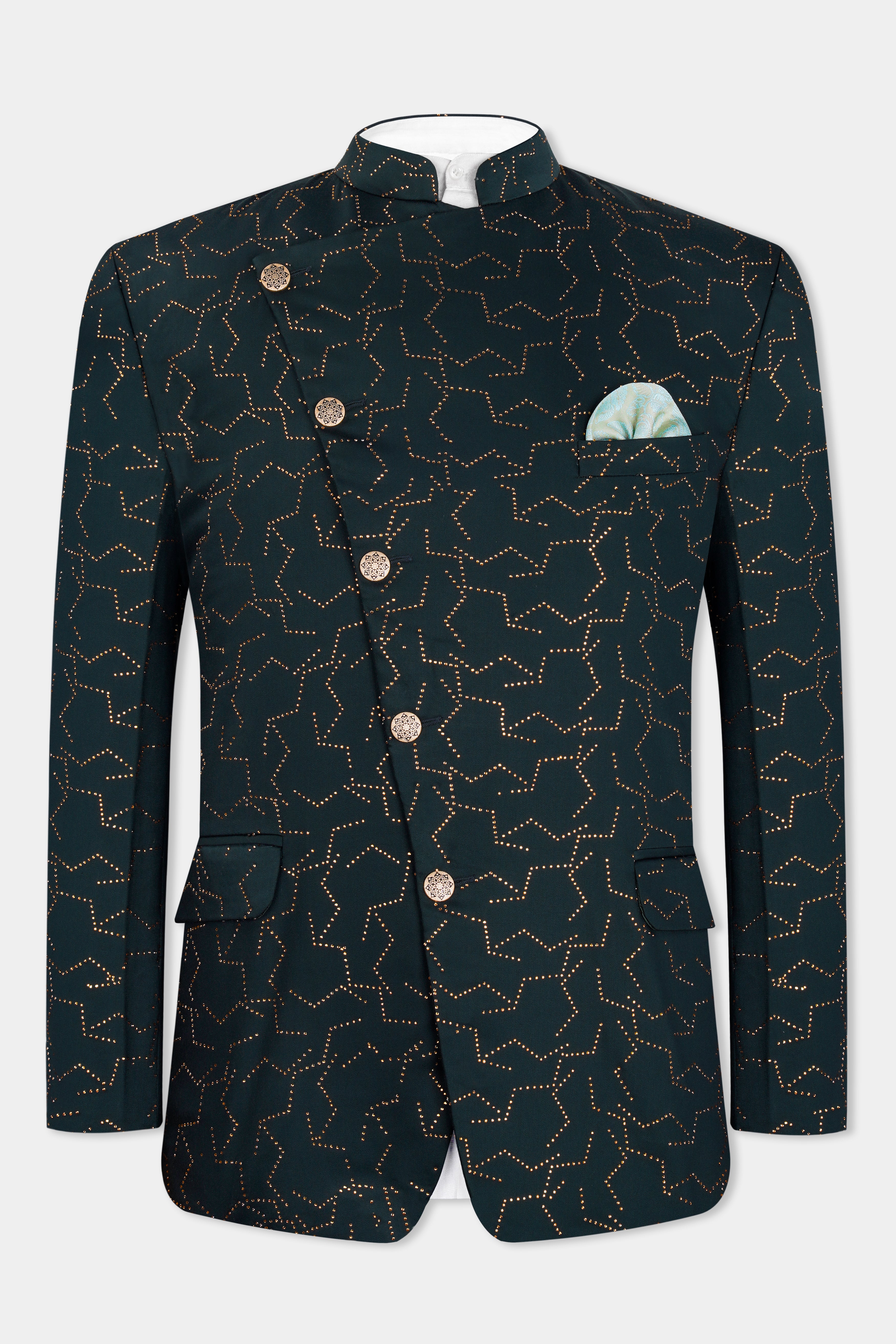 Prussian Green Wool Rich Stonework Cross Buttoned Bandhgala Designer Suit ST2960-CBG-D513-36, ST2960-CBG-D513-38, ST2960-CBG-D513-40, ST2960-CBG-D513-42, ST2960-CBG-D513-44, ST2960-CBG-D513-46, ST2960-CBG-D513-48, ST2960-CBG-D513-50, ST2960-CBG-D513-52, ST2960-CBG-D513-54, ST2960-CBG-D513-56, ST2960-CBG-D513-58, ST2960-CBG-D513-60