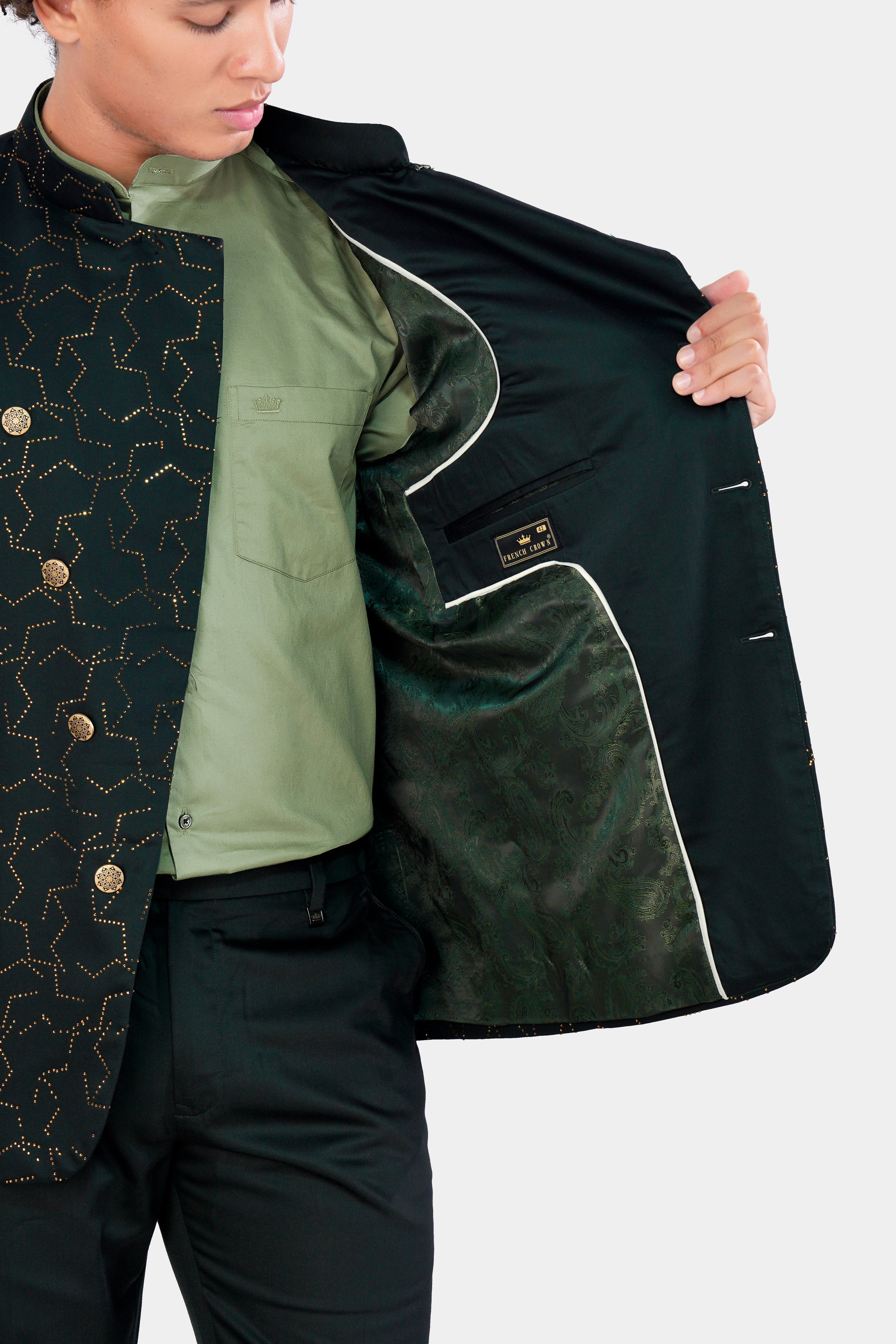 Prussian Green Wool Rich Stonework Cross Buttoned Bandhgala Designer Suit ST2960-CBG-D513-36, ST2960-CBG-D513-38, ST2960-CBG-D513-40, ST2960-CBG-D513-42, ST2960-CBG-D513-44, ST2960-CBG-D513-46, ST2960-CBG-D513-48, ST2960-CBG-D513-50, ST2960-CBG-D513-52, ST2960-CBG-D513-54, ST2960-CBG-D513-56, ST2960-CBG-D513-58, ST2960-CBG-D513-60