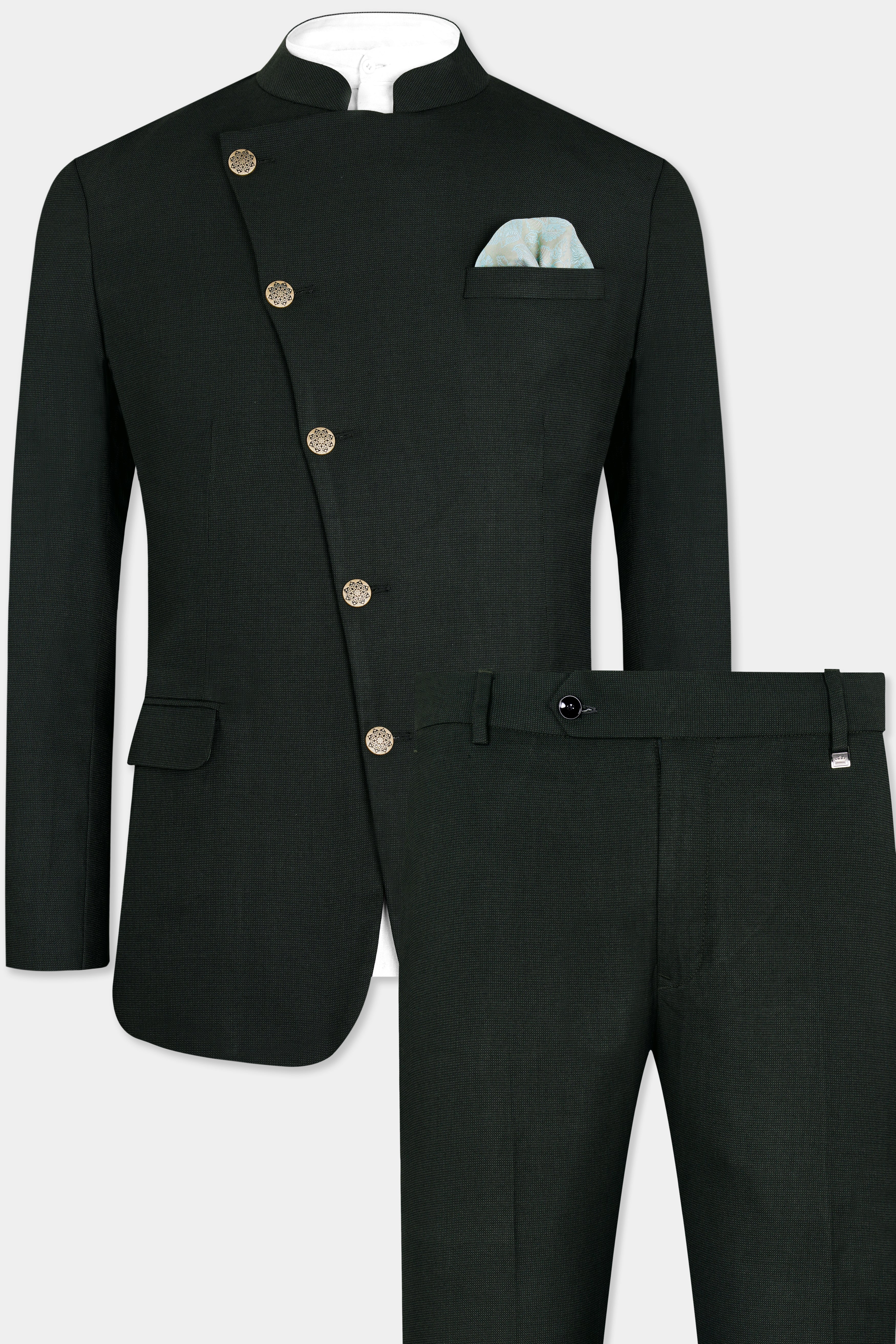 Kaitoke Green Wool Rich Cross Buttoned Bandhgala Suit ST2961-CBG-36, ST2961-CBG-38, ST2961-CBG-40, ST2961-CBG-42, ST2961-CBG-44, ST2961-CBG-46, ST2961-CBG-48, ST2961-CBG-50, ST2961-CBG-52, ST2961-CBG-54, ST2961-CBG-56, ST2961-CBG-58, ST2961-CBG-60