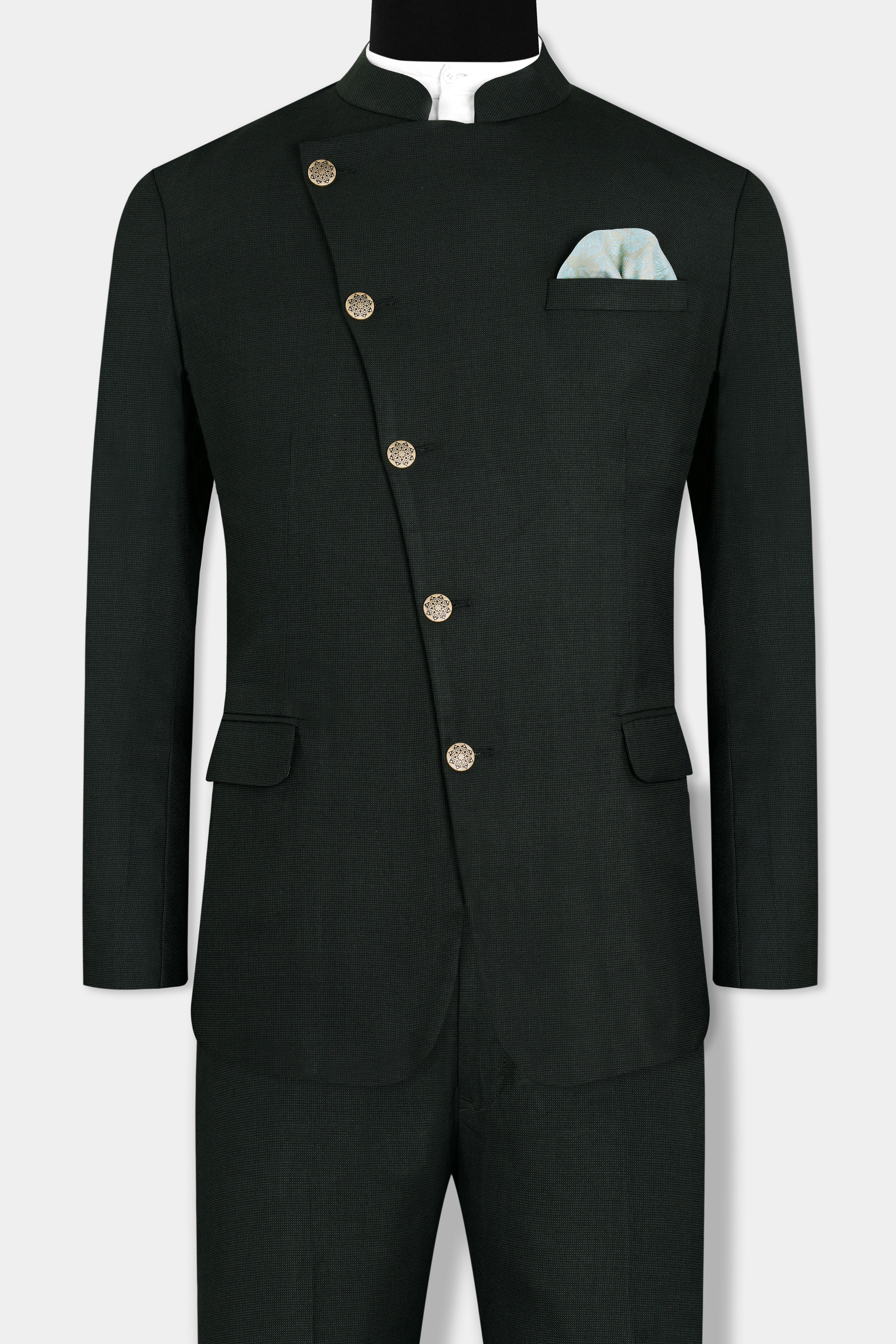 Kaitoke Green Wool Rich Cross Buttoned Bandhgala Suit ST2961-CBG-36, ST2961-CBG-38, ST2961-CBG-40, ST2961-CBG-42, ST2961-CBG-44, ST2961-CBG-46, ST2961-CBG-48, ST2961-CBG-50, ST2961-CBG-52, ST2961-CBG-54, ST2961-CBG-56, ST2961-CBG-58, ST2961-CBG-60