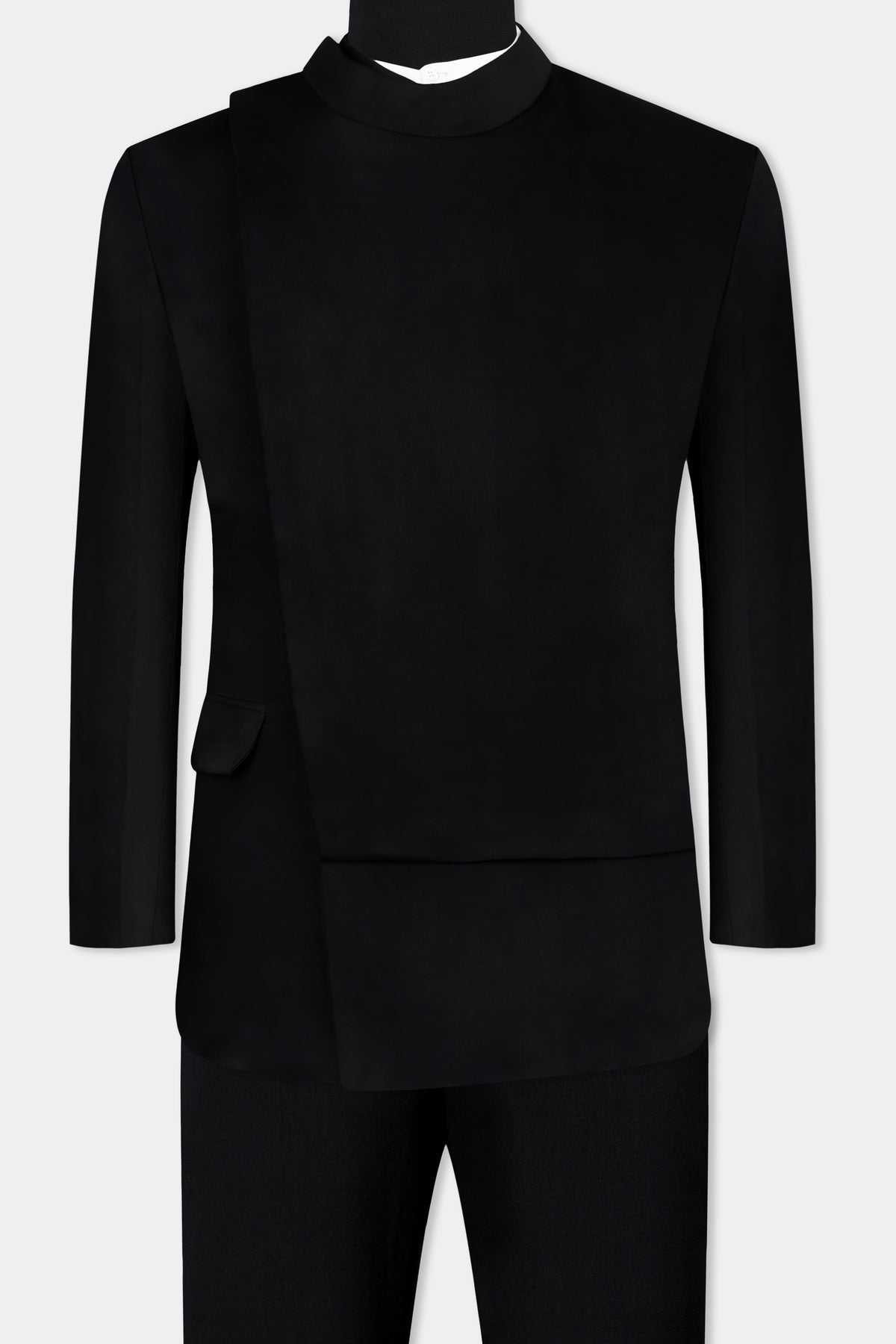 Jade Black Stretchable Wool Rich Bandhgala Designer Suit