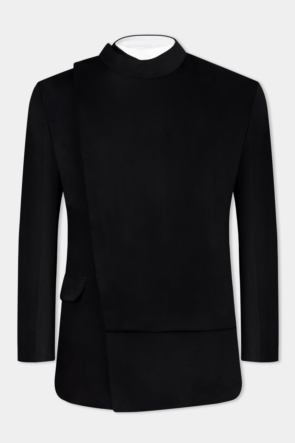 Jade Black Stretchable Wool Rich Bandhgala Designer Suit