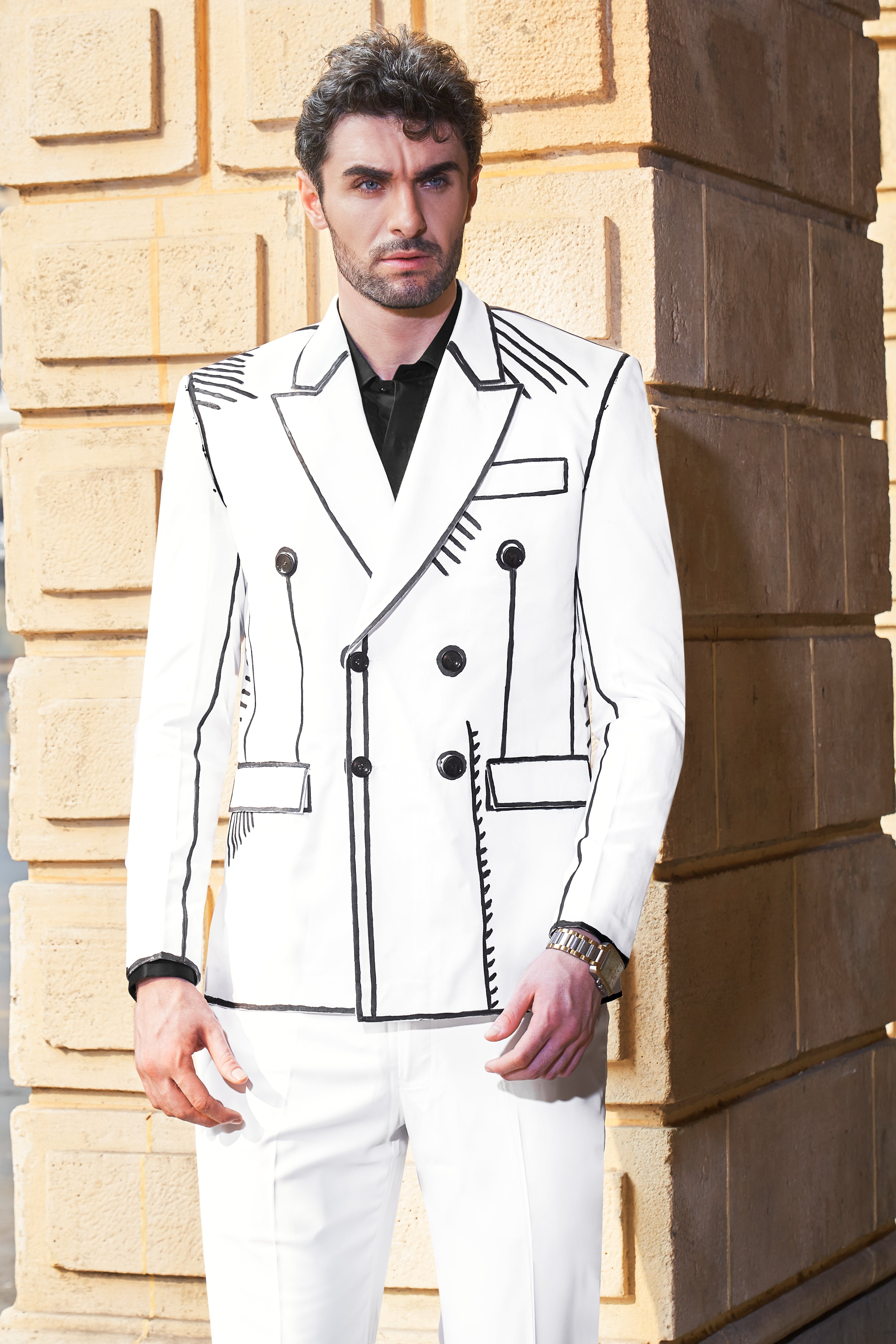 Bright White with Black Stretchable Hand Painted Designer Suit