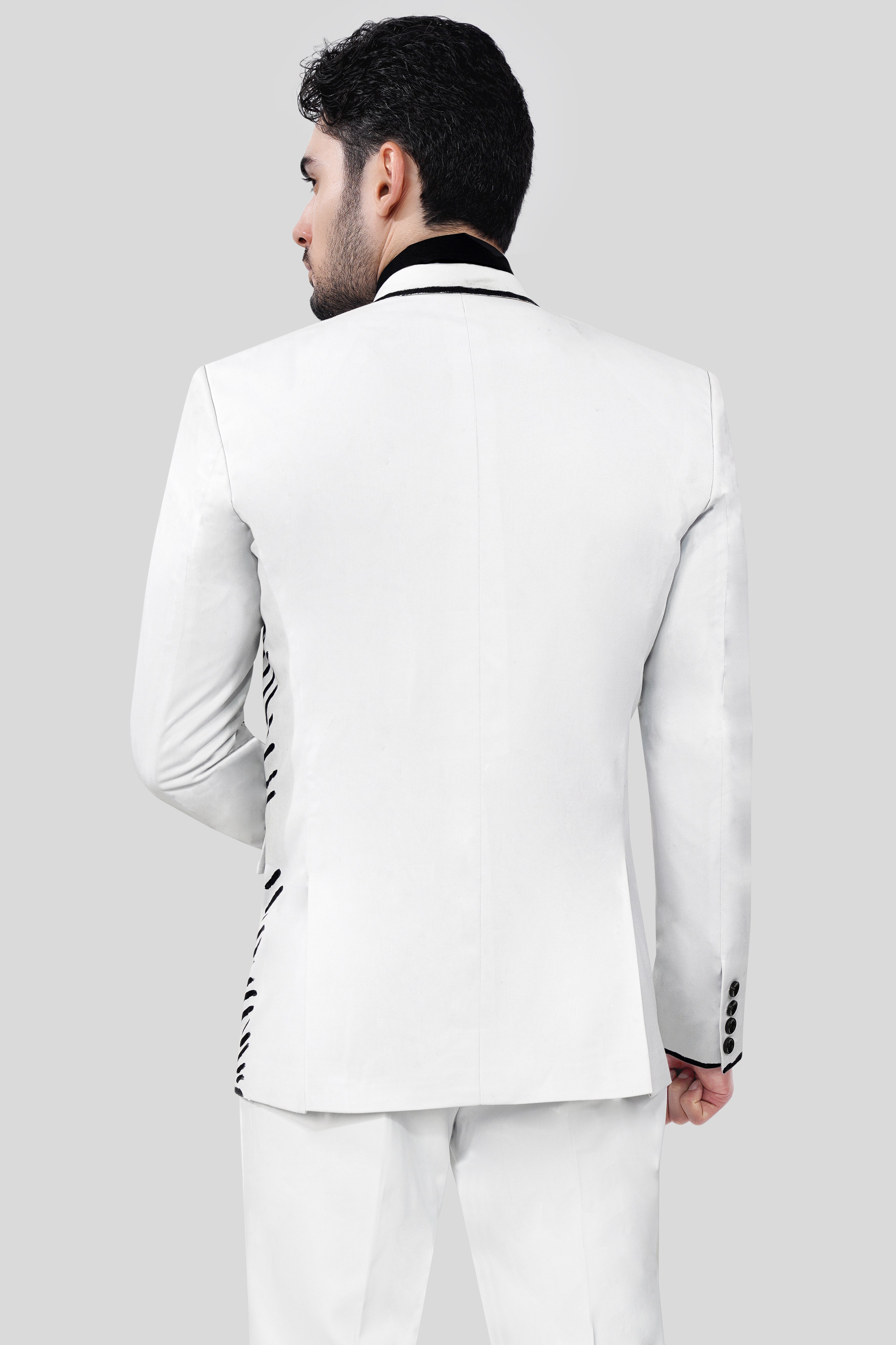 Bright White with Black Stretchable Hand Painted Luxurious Linen Designer Suit