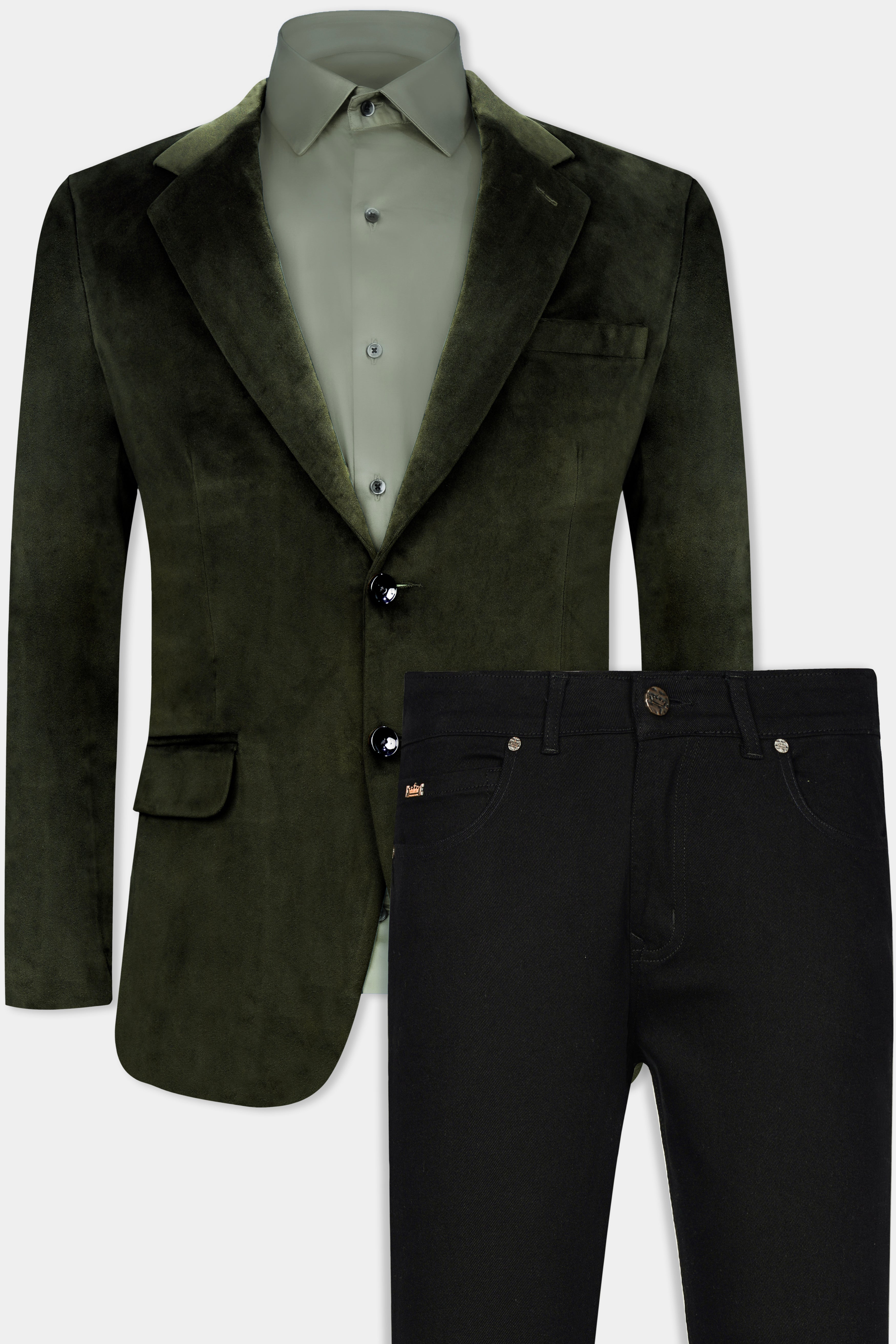 Rangoon Green Single Breasted Velvet Blazer With Jade Black Jeans