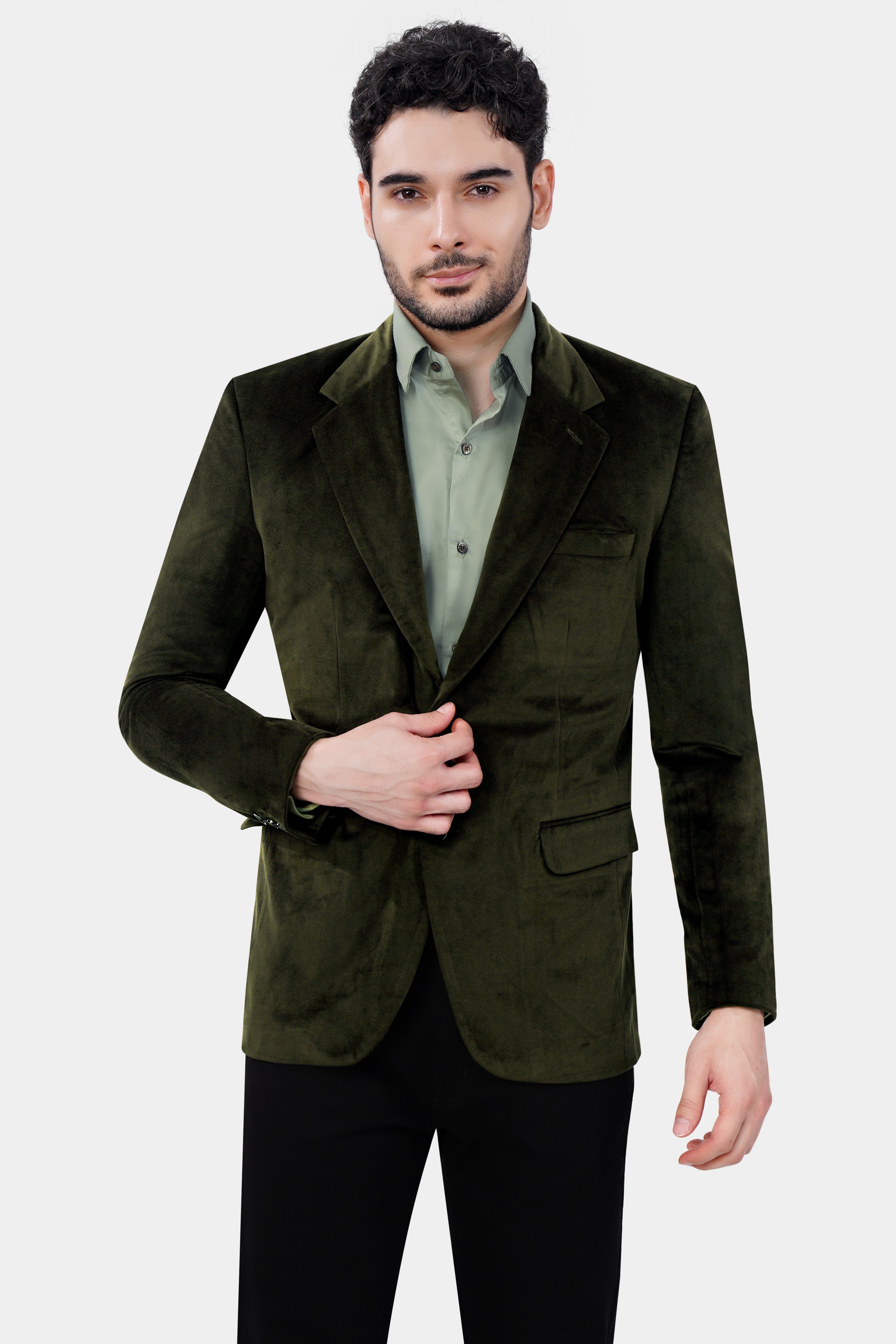 Rangoon Green Single Breasted Velvet Blazer With Jade Black Jeans
