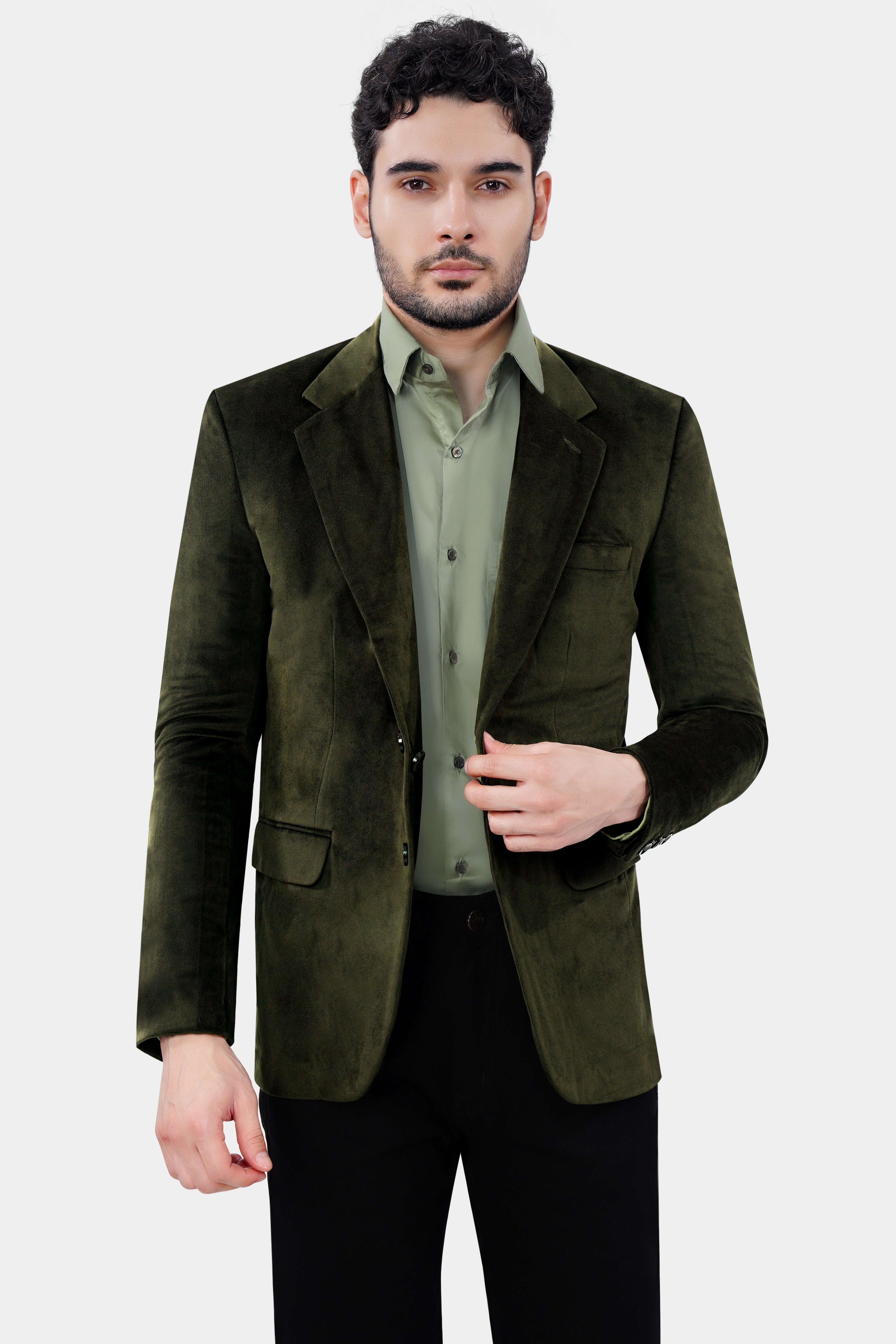 Rangoon Green Single Breasted Velvet Blazer With Jade Black Jeans