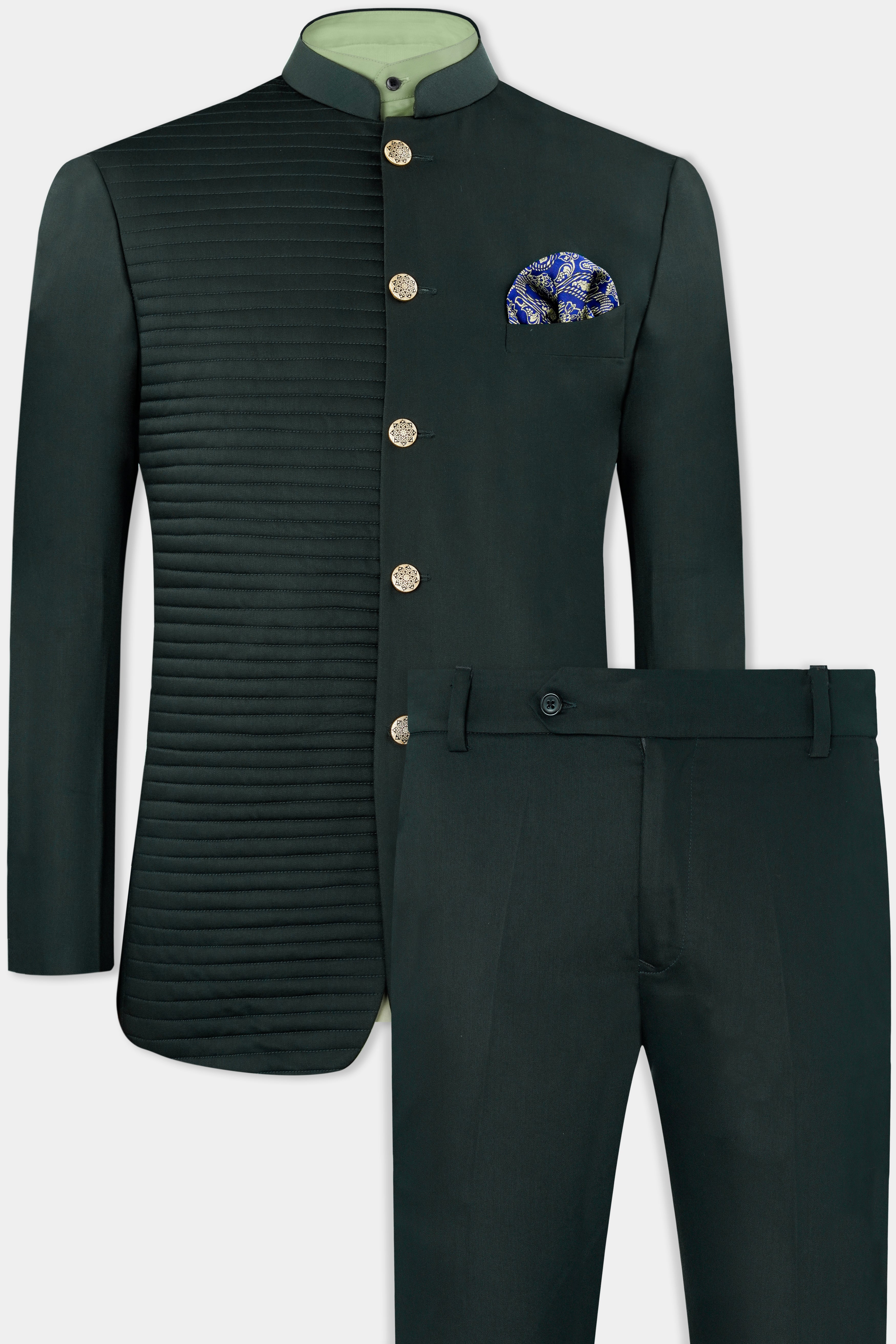 Dark Slate Green with Horizontal Stitched Wool Rich Bandhgala Designer Suit ST3035-BG-D168-36, ST3035-BG-D168-38, ST3035-BG-D168-40, ST3035-BG-D168-42, ST3035-BG-D168-44, ST3035-BG-D168-46, ST3035-BG-D168-48, ST3035-BG-D168-50, ST3035-BG-D168-52, ST3035-BG-D168-54, ST3035-BG-D168-56, ST3035-BG-D168-58, ST3035-BG-D168-60
