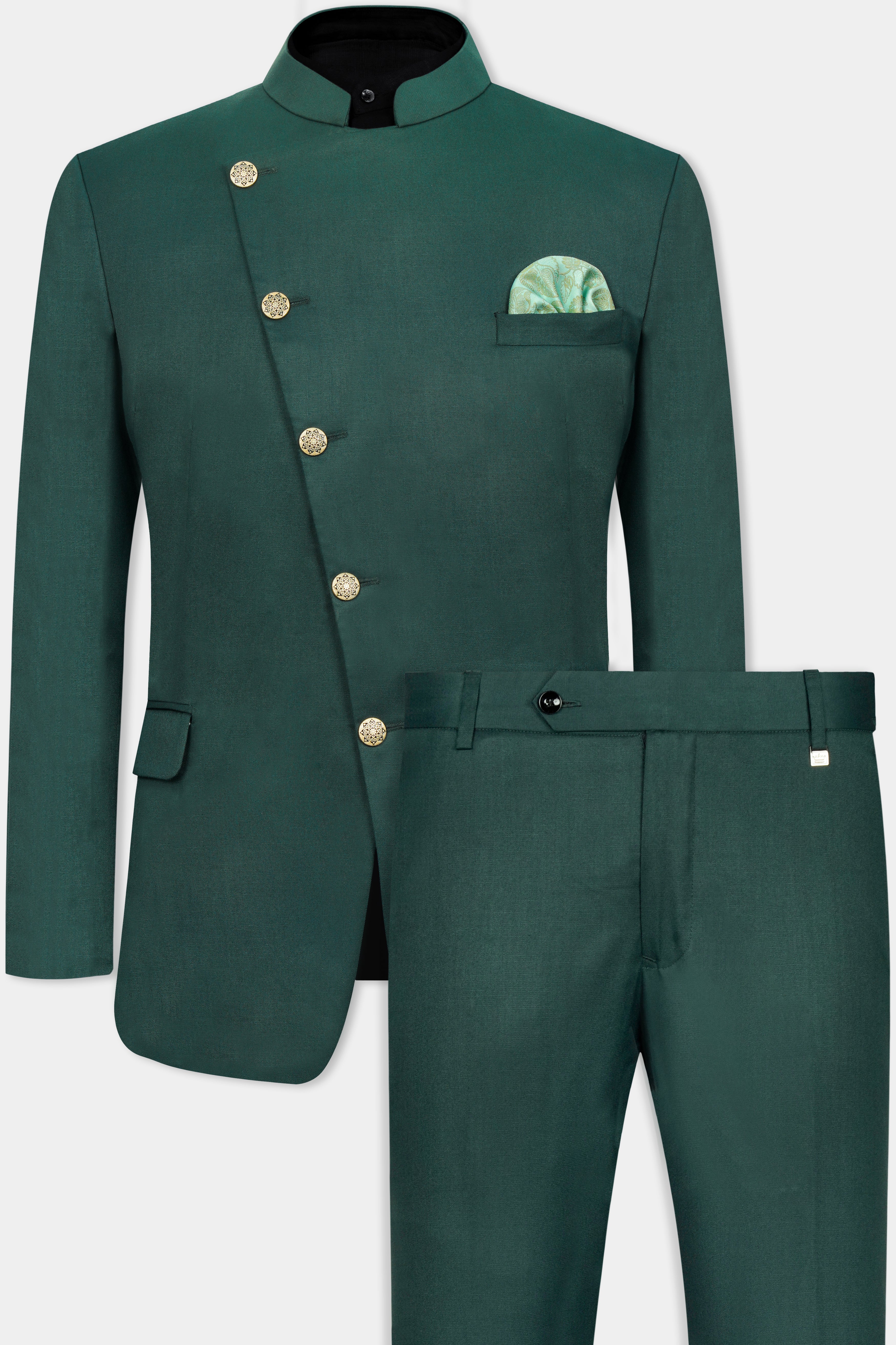 Gable Green Cross Buttoned Wool Rich Bandhgala Suit ST3051-CBG-36, ST3051-CBG-38, ST3051-CBG-40, ST3051-CBG-42, ST3051-CBG-44, ST3051-CBG-46, ST3051-CBG-48, ST3051-CBG-50, ST3051-CBG-52, ST3051-CBG-54, ST3051-CBG-56, ST3051-CBG-58, ST3051-CBG-60