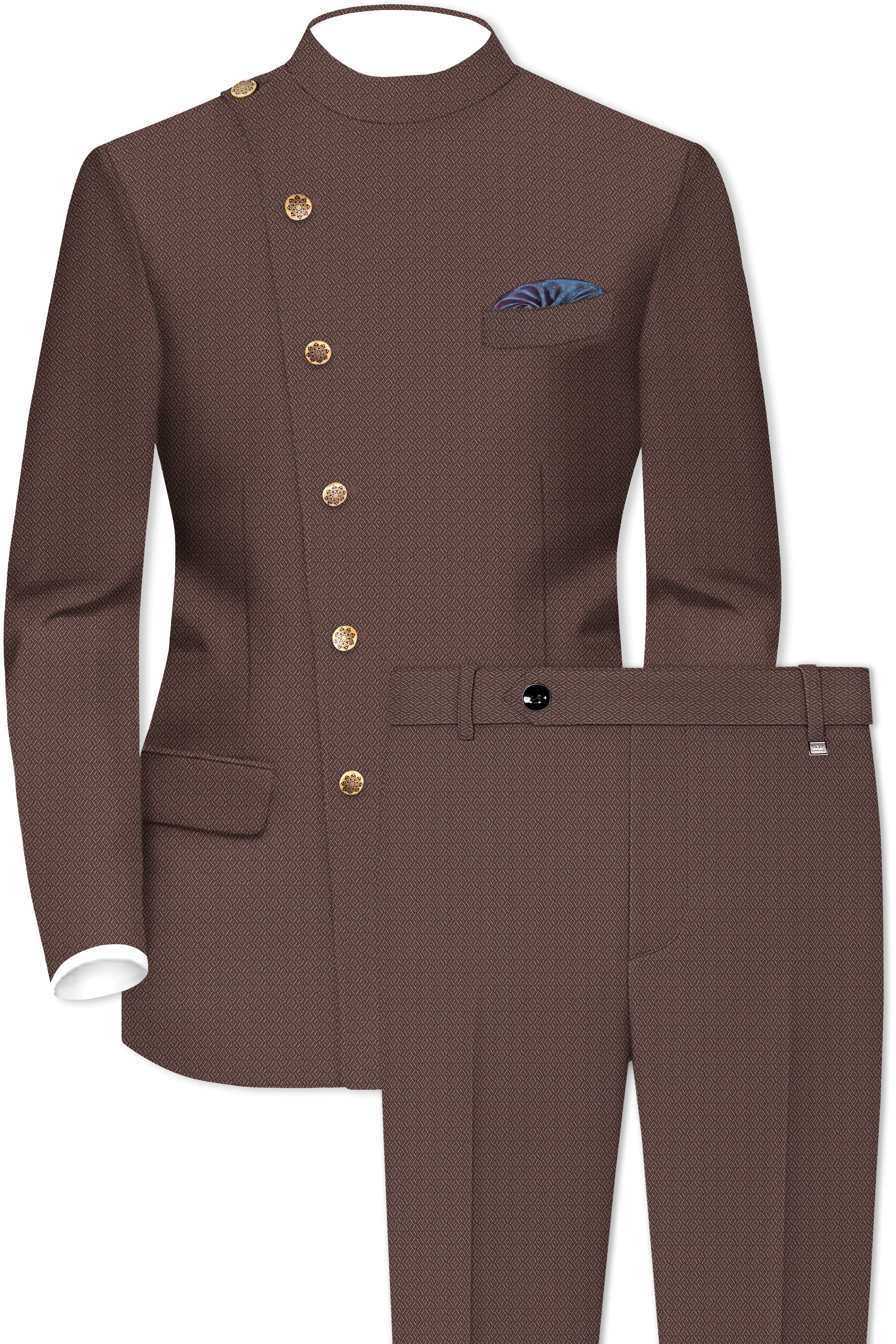 Hemp Brown Cross Placket Wool Rich Bandhgala Suit