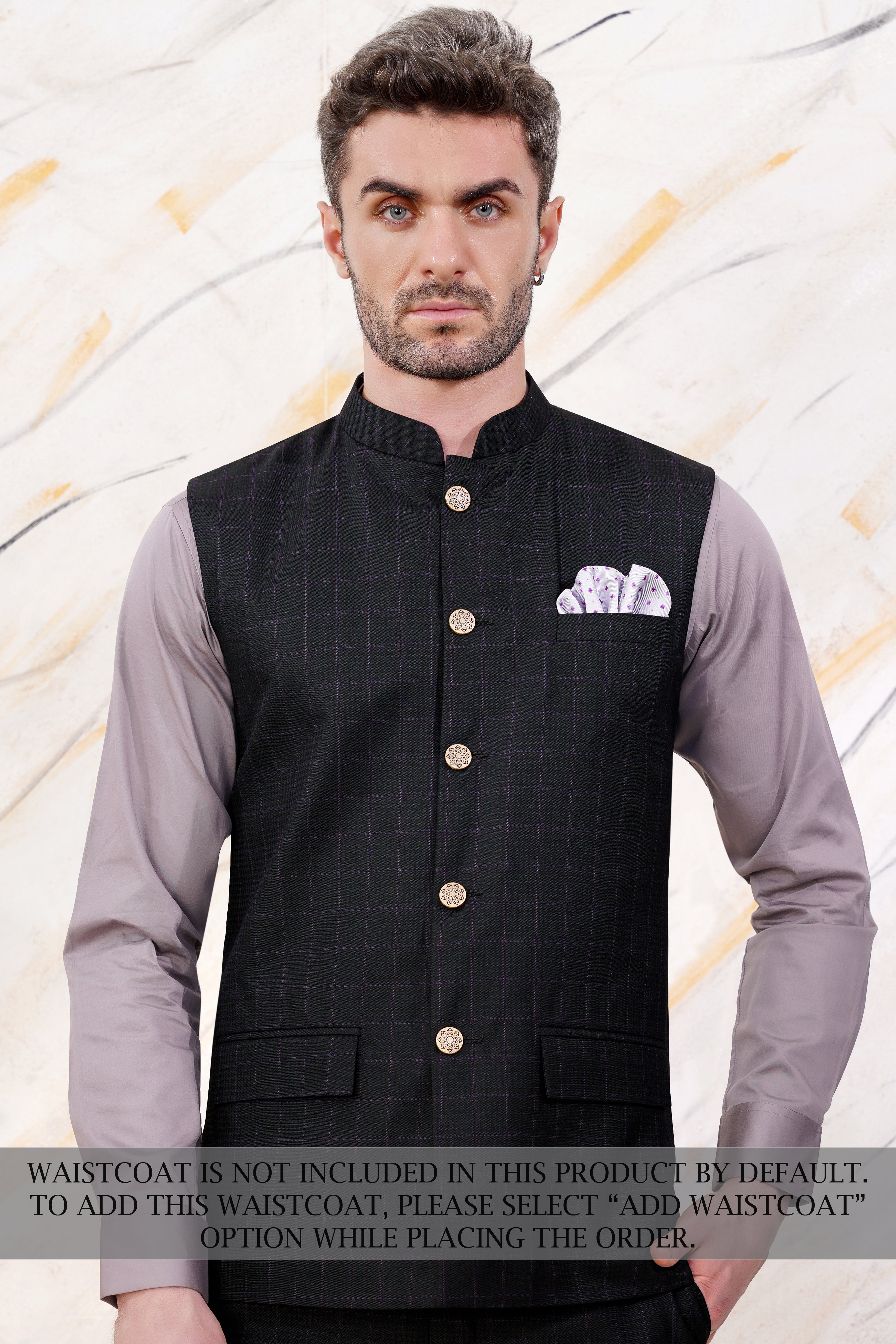 Bastille Black and Murasaki Purple Windowpane Cross Buttoned Wool Rich Bandhgala Suit