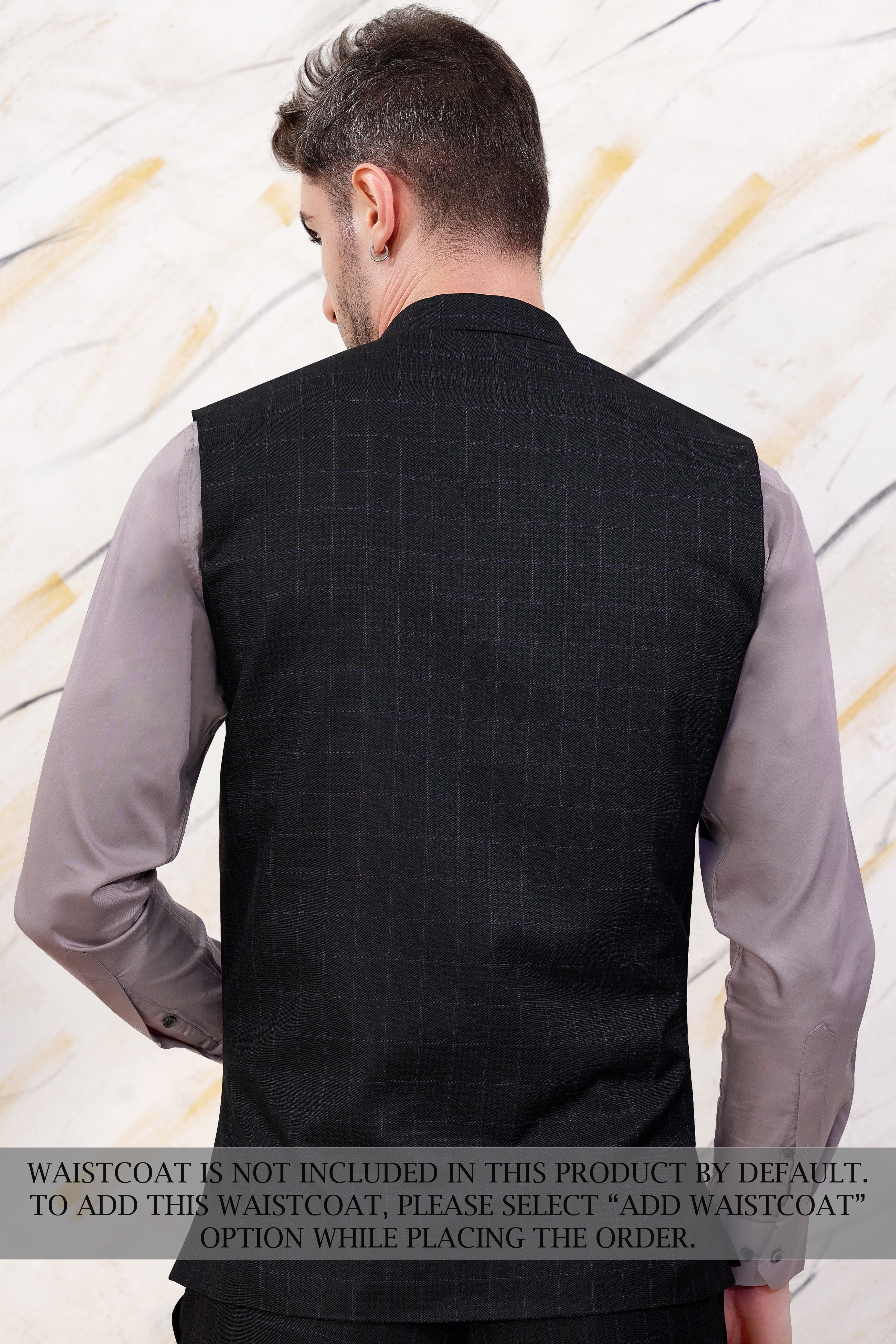 Bastille Black and Murasaki Purple Windowpane Cross Buttoned Wool Rich Bandhgala Suit