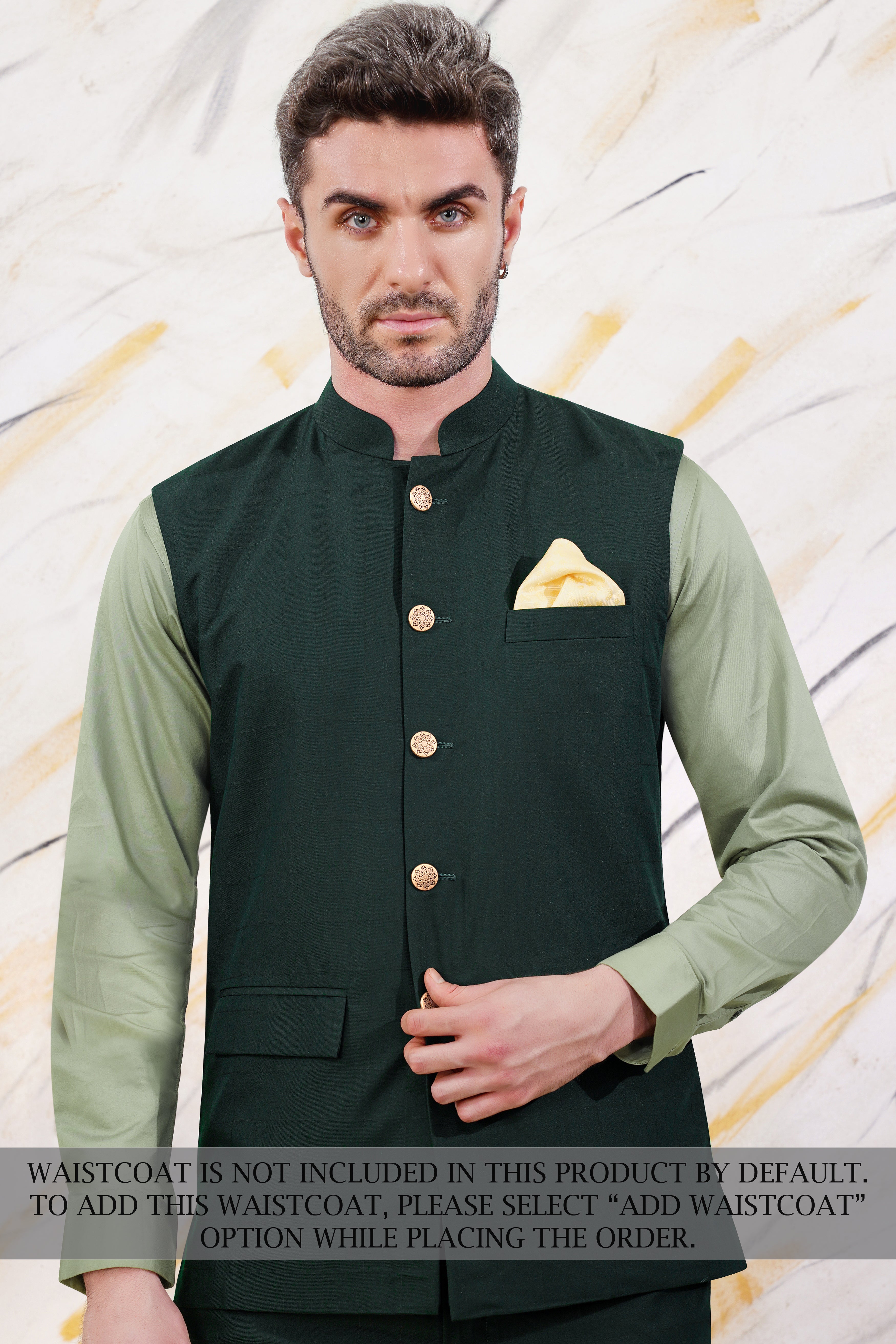 Sacramento Green Cross Buttoned Bandhgala Wool Rich Suit