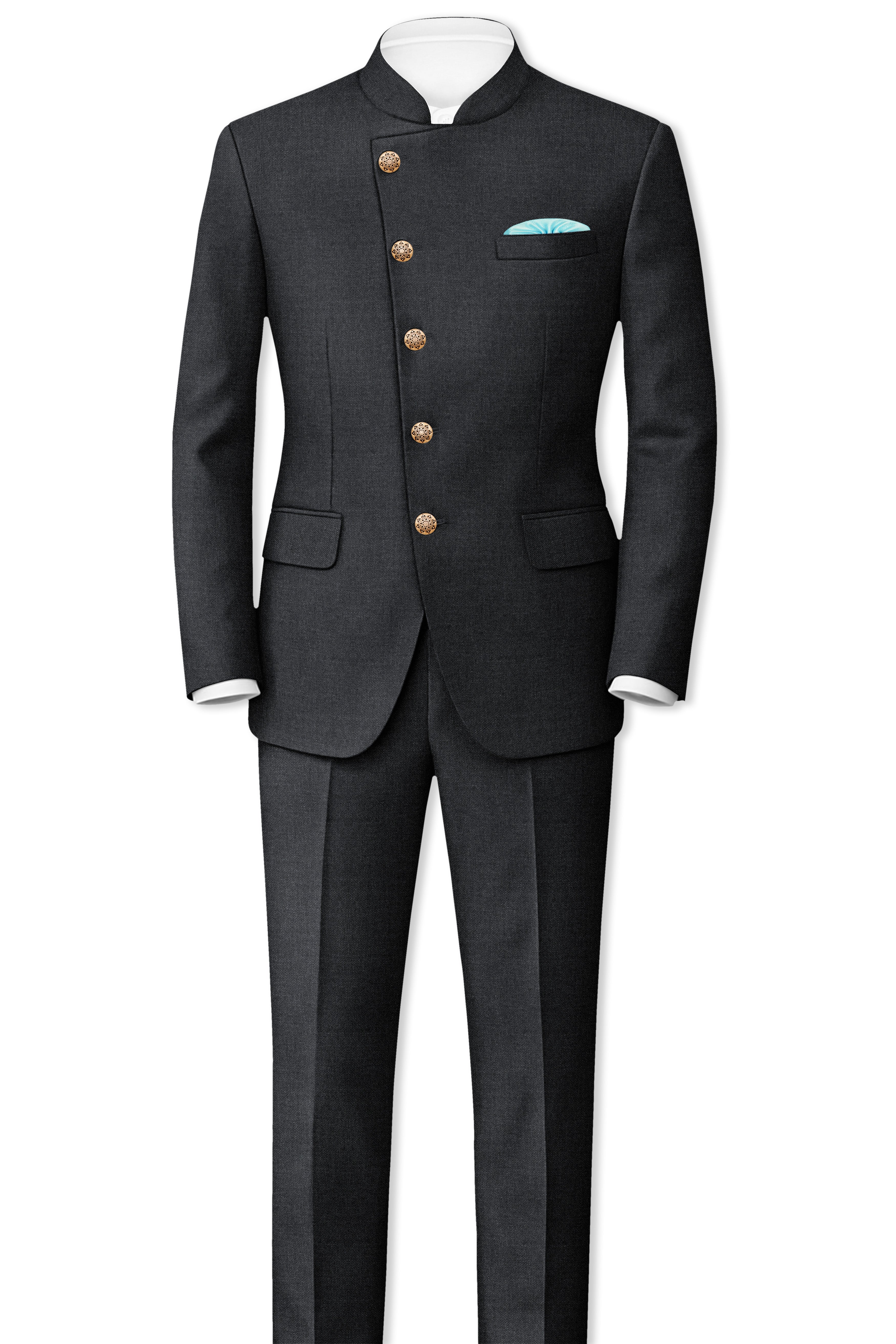 Gunmetal Grey Cross Placket Wool Rich Bandhgala Suit