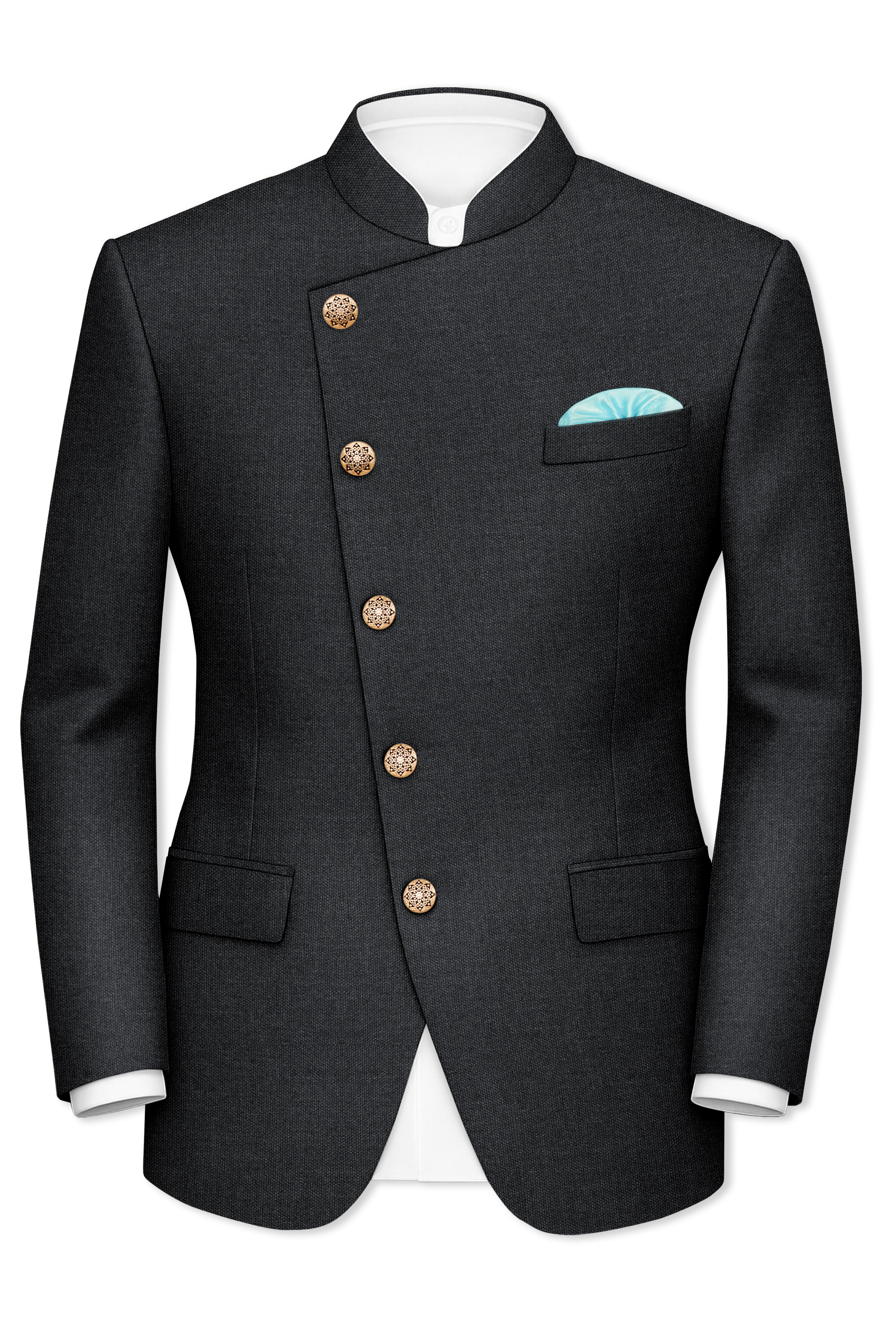 Gunmetal Grey Cross Placket Wool Rich Bandhgala Suit