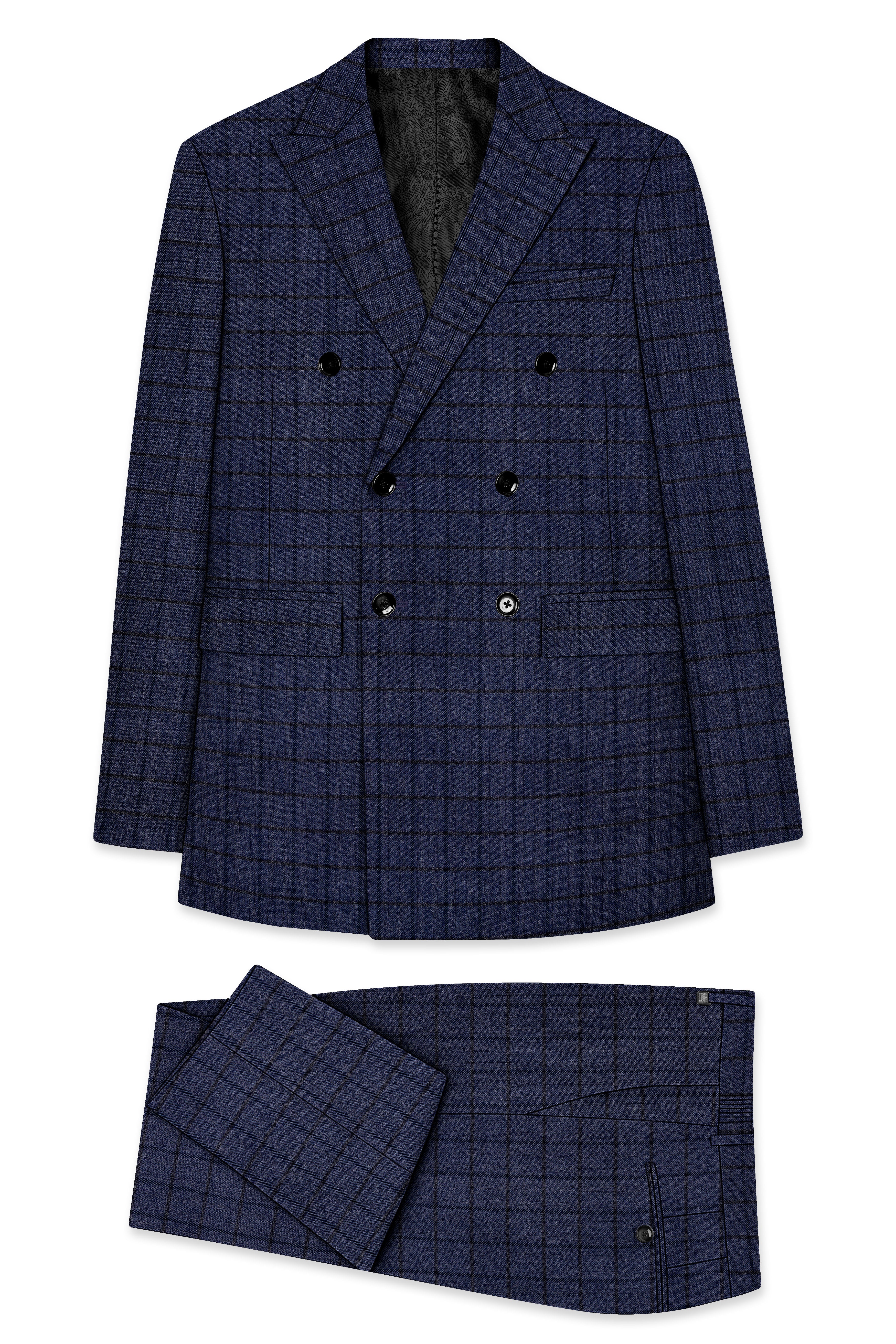 Ebony Clay Blue Windowpane Tweed Double Breasted Suit