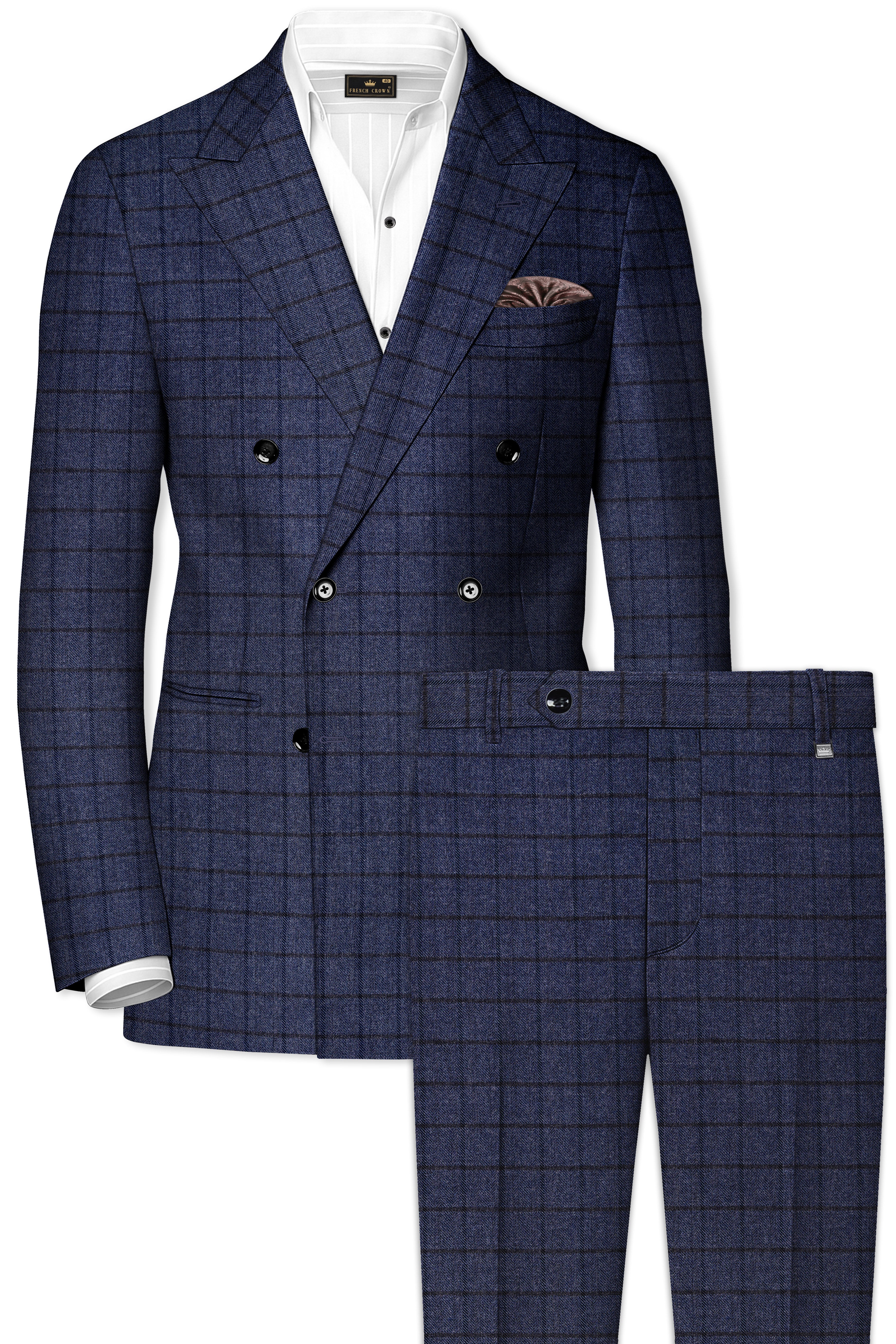 Ebony Clay Blue Windowpane Tweed Double Breasted Suit